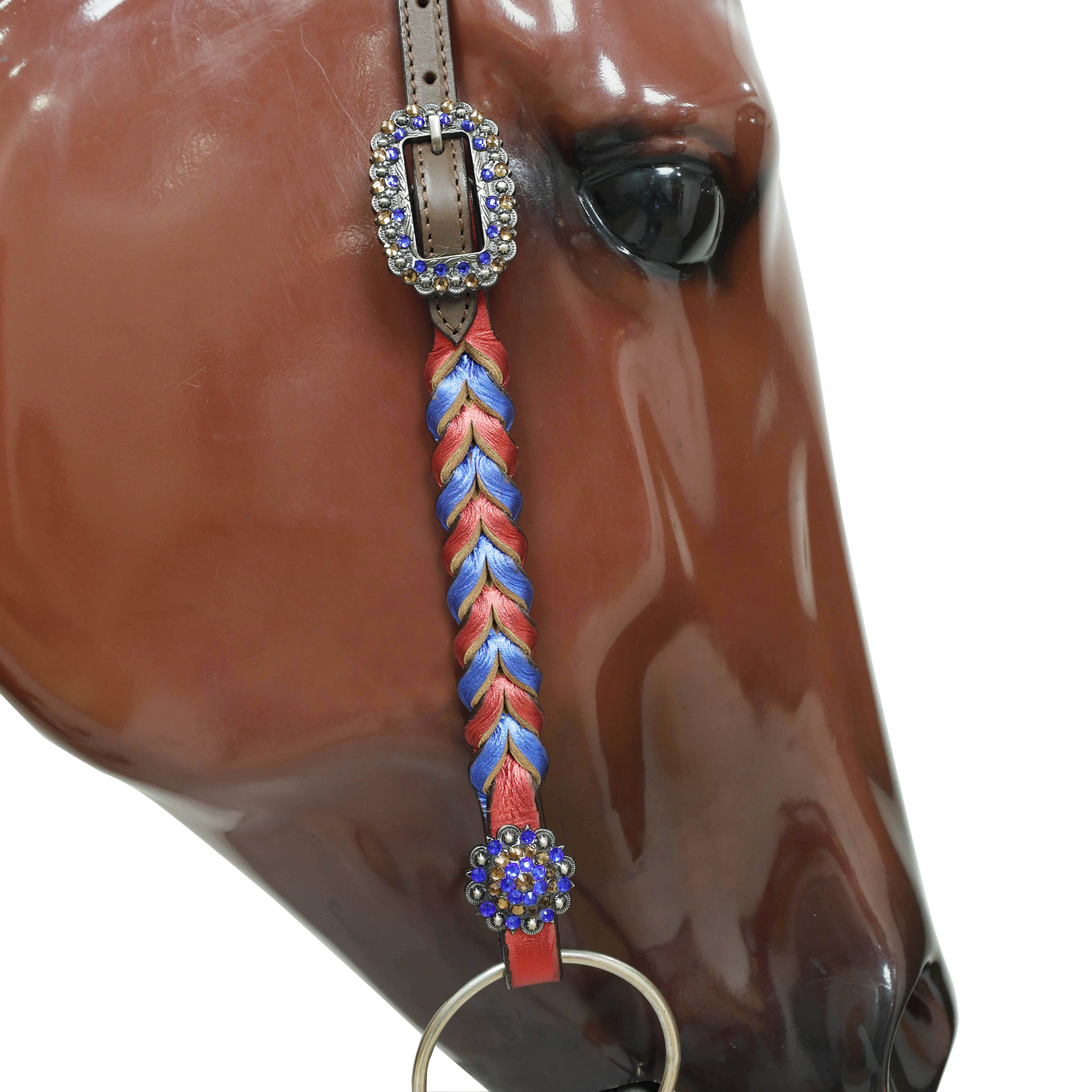 Western Headstall and Breast Collar Set Decorated with Royal Blue and Red Metallic Twisted Leather Braiding and Rhinestone Berry Conchos MOUSM
