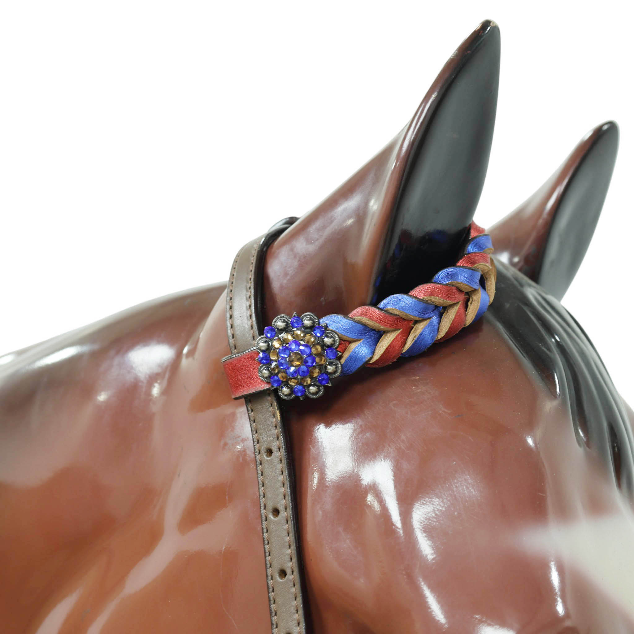 Western Headstall and Breast Collar Set Decorated with Royal Blue and Red Metallic Twisted Leather Braiding and Rhinestone Berry Conchos MOUSM