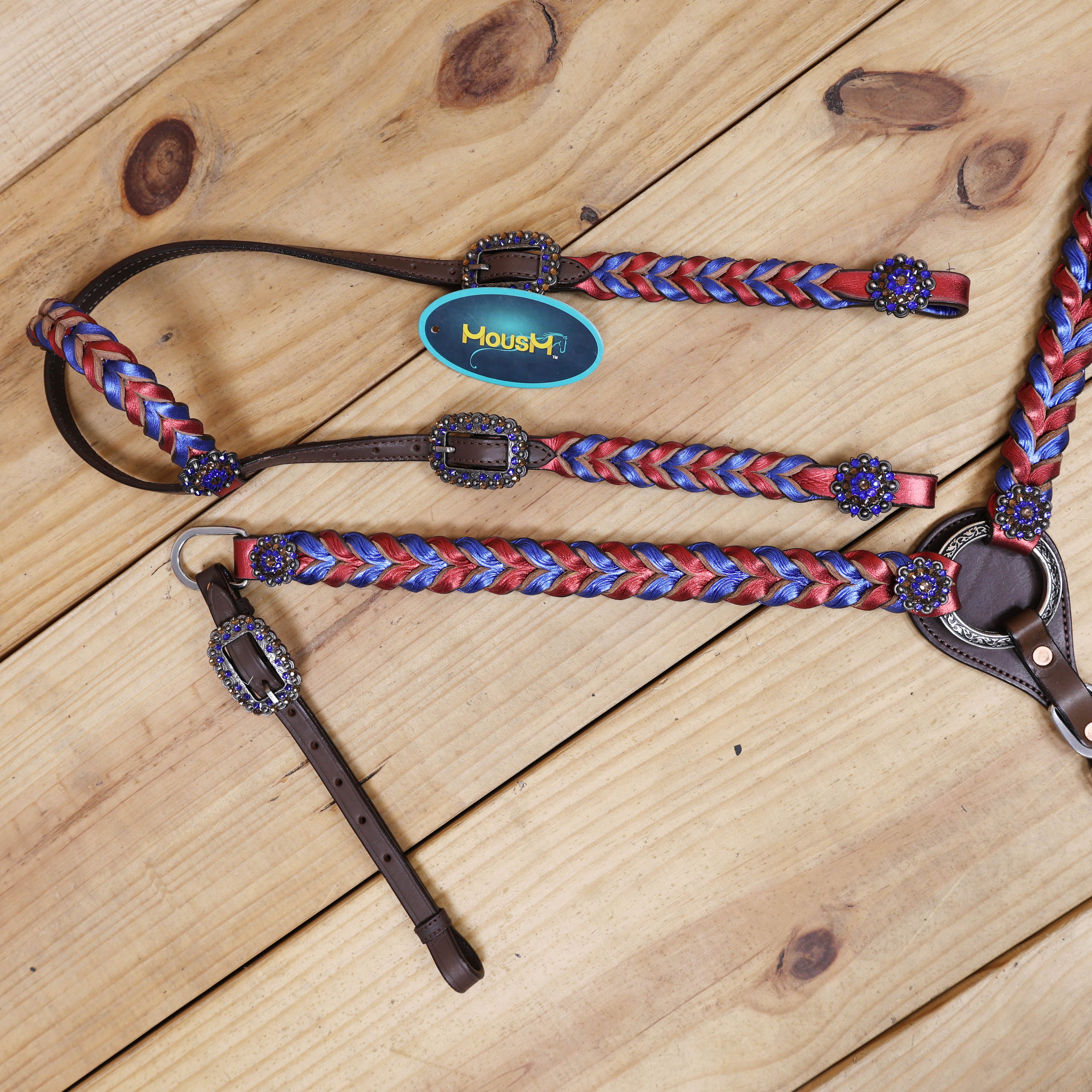 Western Headstall and Breast Collar Set Decorated with Royal Blue and Red Metallic Twisted Leather Braiding and Rhinestone Berry Conchos MOUSM
