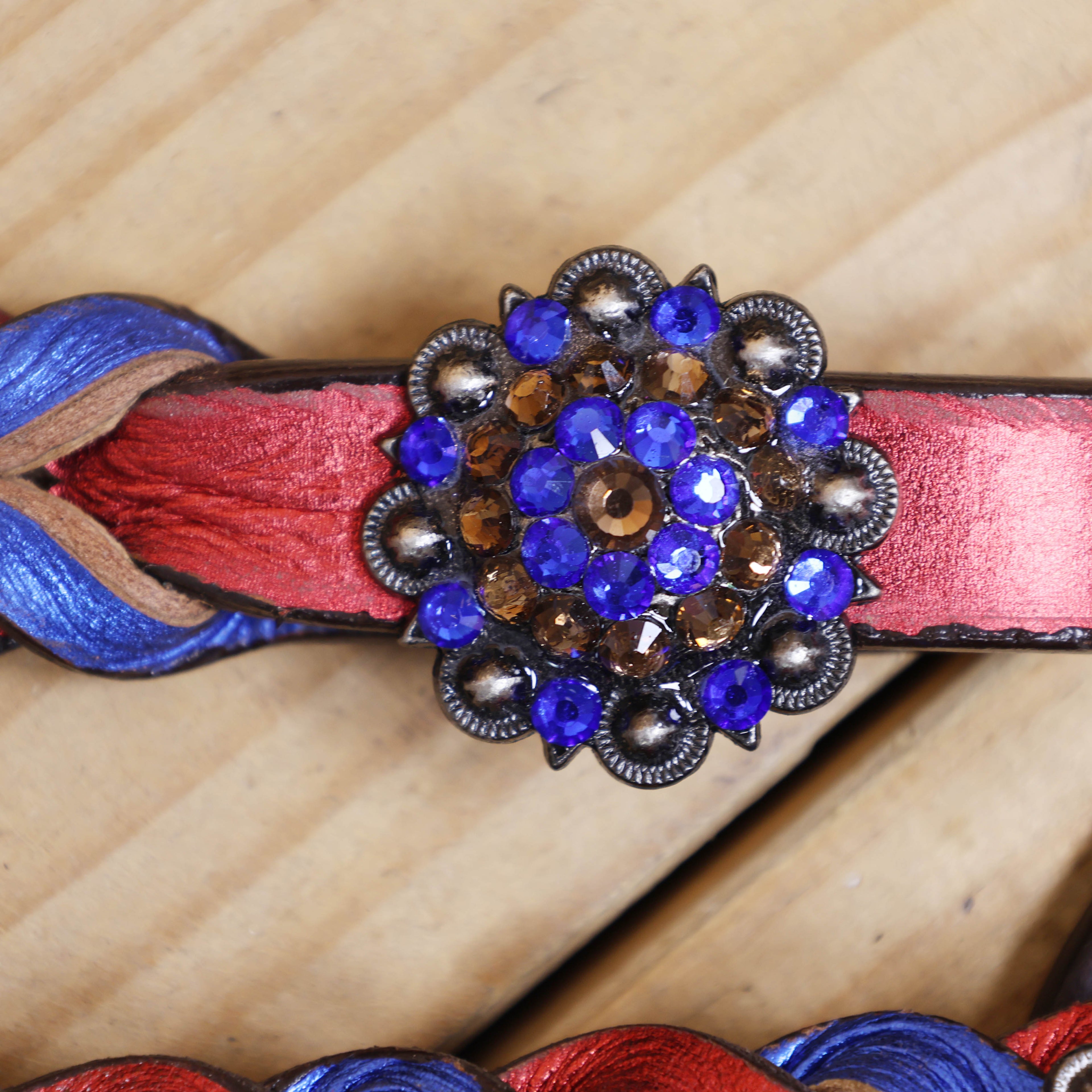 Western Headstall and Breast Collar Set Decorated with Royal Blue and Red Metallic Twisted Leather Braiding and Rhinestone Berry Conchos MOUSM