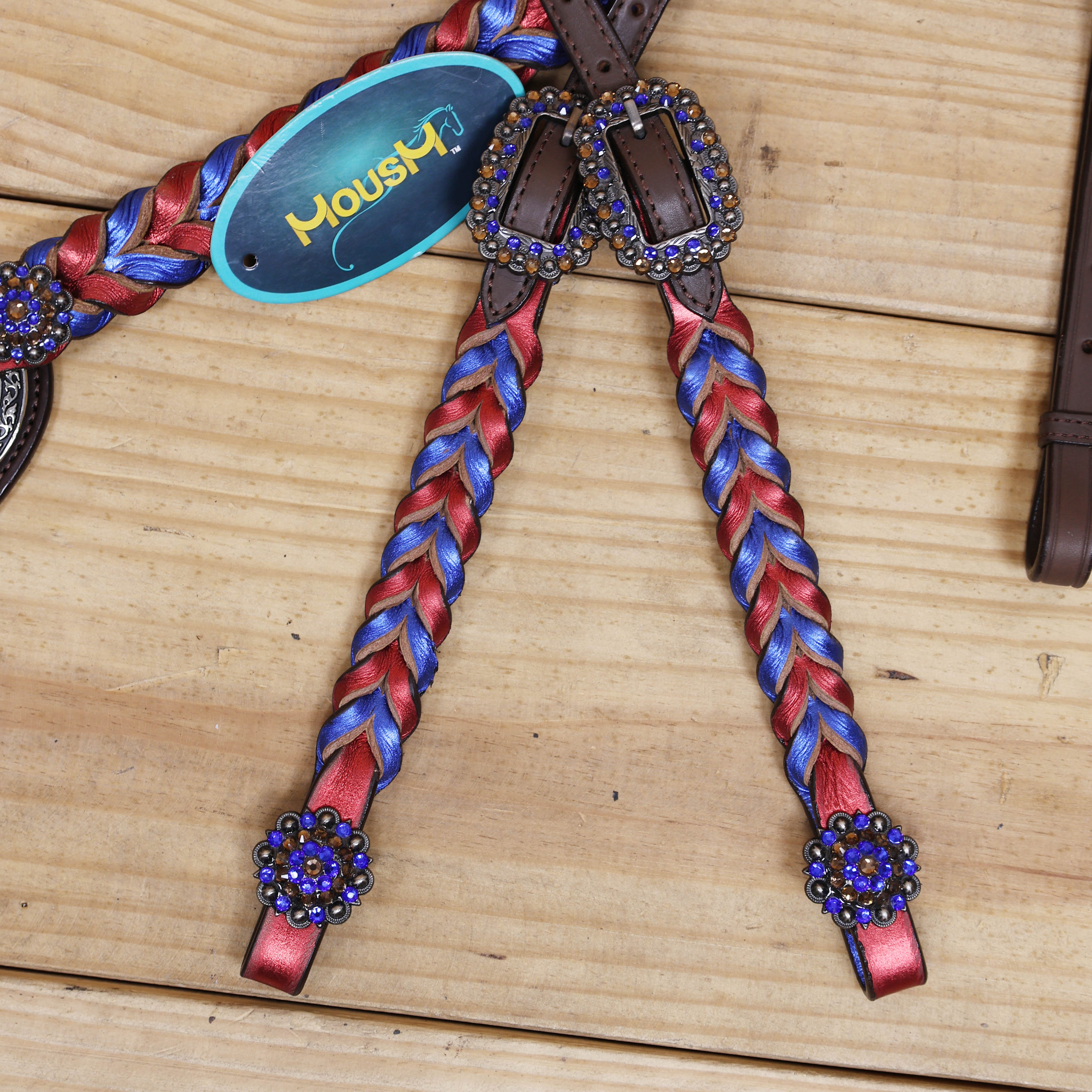 Western Headstall and Breast Collar Set Decorated with Royal Blue and Red Metallic Twisted Leather Braiding and Rhinestone Berry Conchos MOUSM