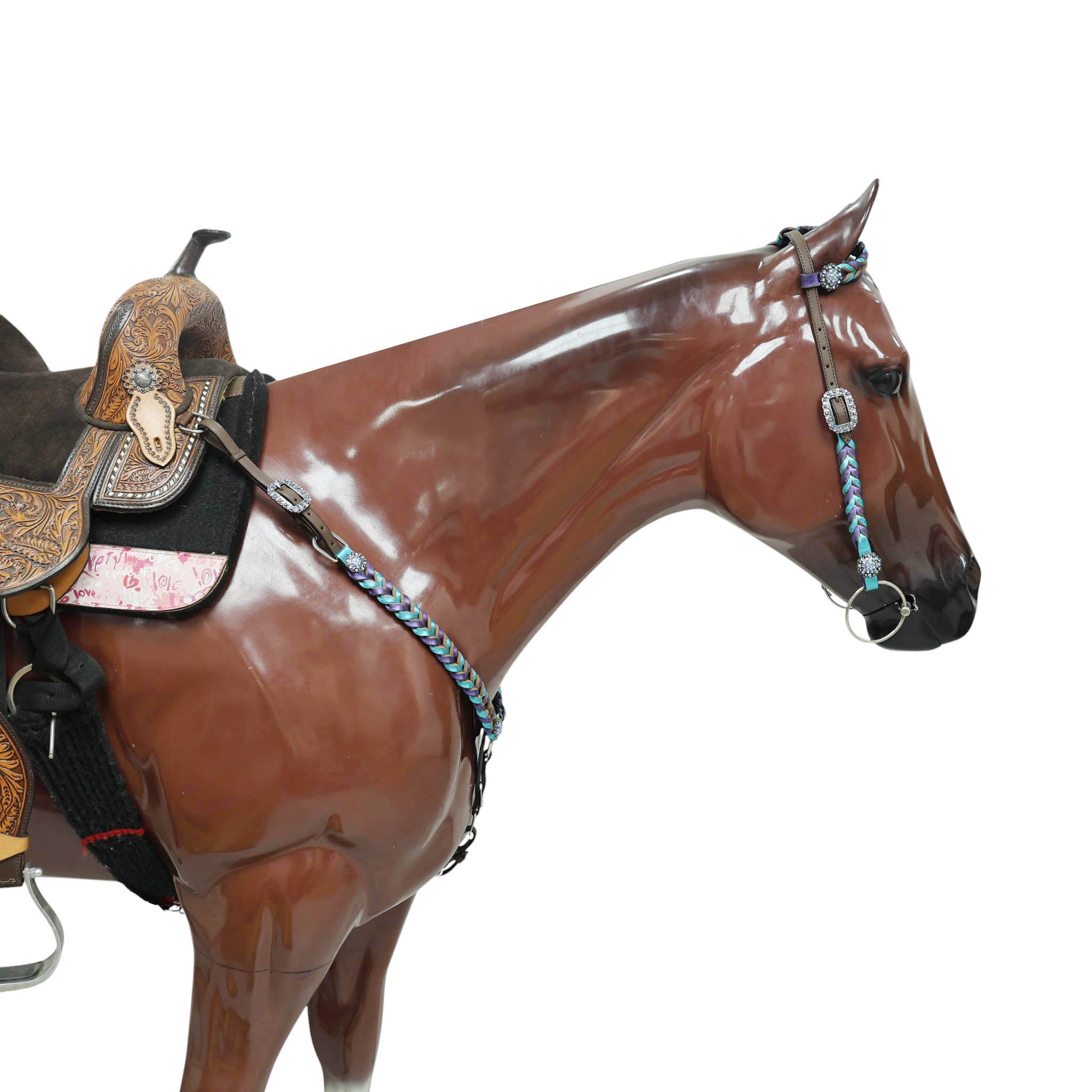 Western Horse Headstall Tack Set Decorated with Purple and Teal Metallic Twisted Leather Braiding and Rhinestone Berry Conchos MOUSM