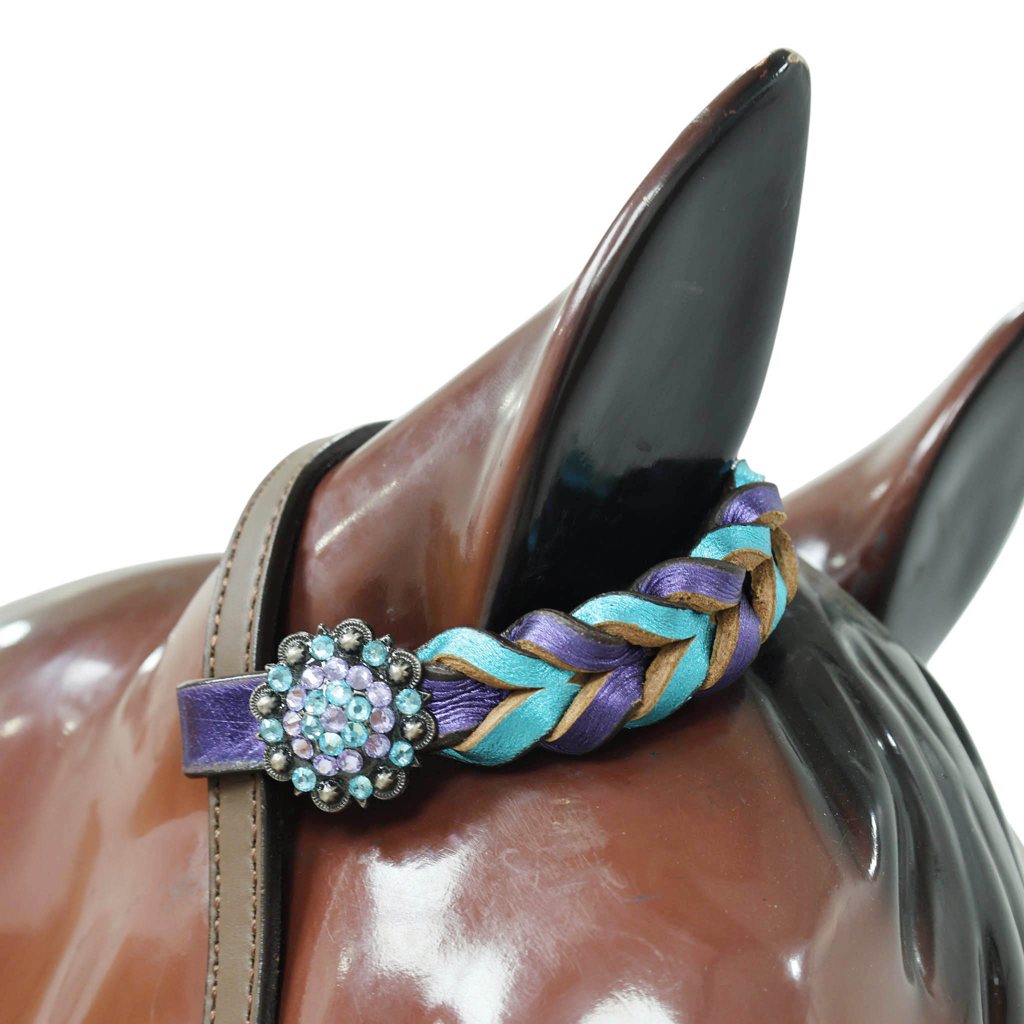 Western Horse Headstall Tack Set Decorated with Purple and Teal Metallic Twisted Leather Braiding and Rhinestone Berry Conchos MOUSM