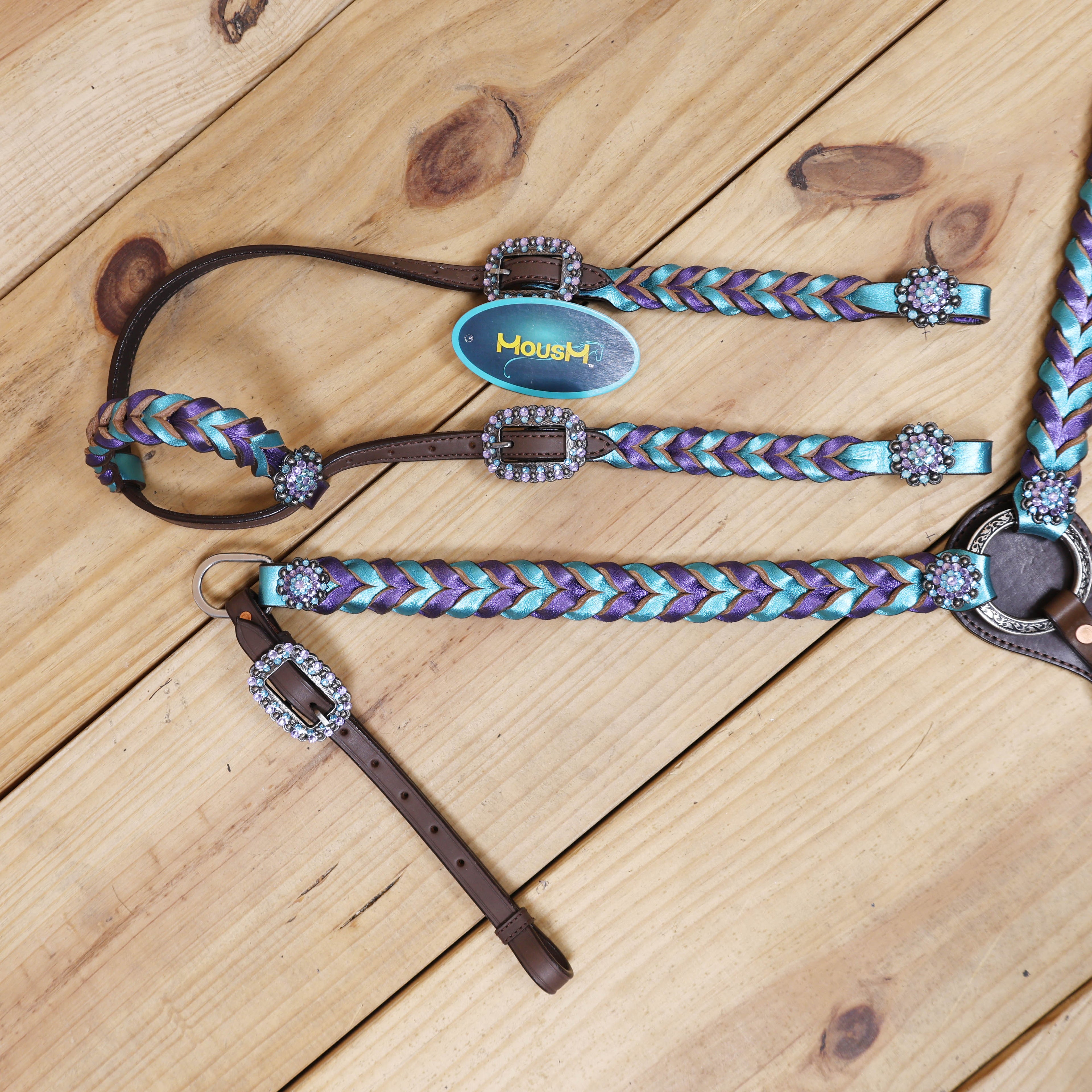 Western Horse Headstall Tack Set Decorated with Purple and Teal Metallic Twisted Leather Braiding and Rhinestone Berry Conchos MOUSM