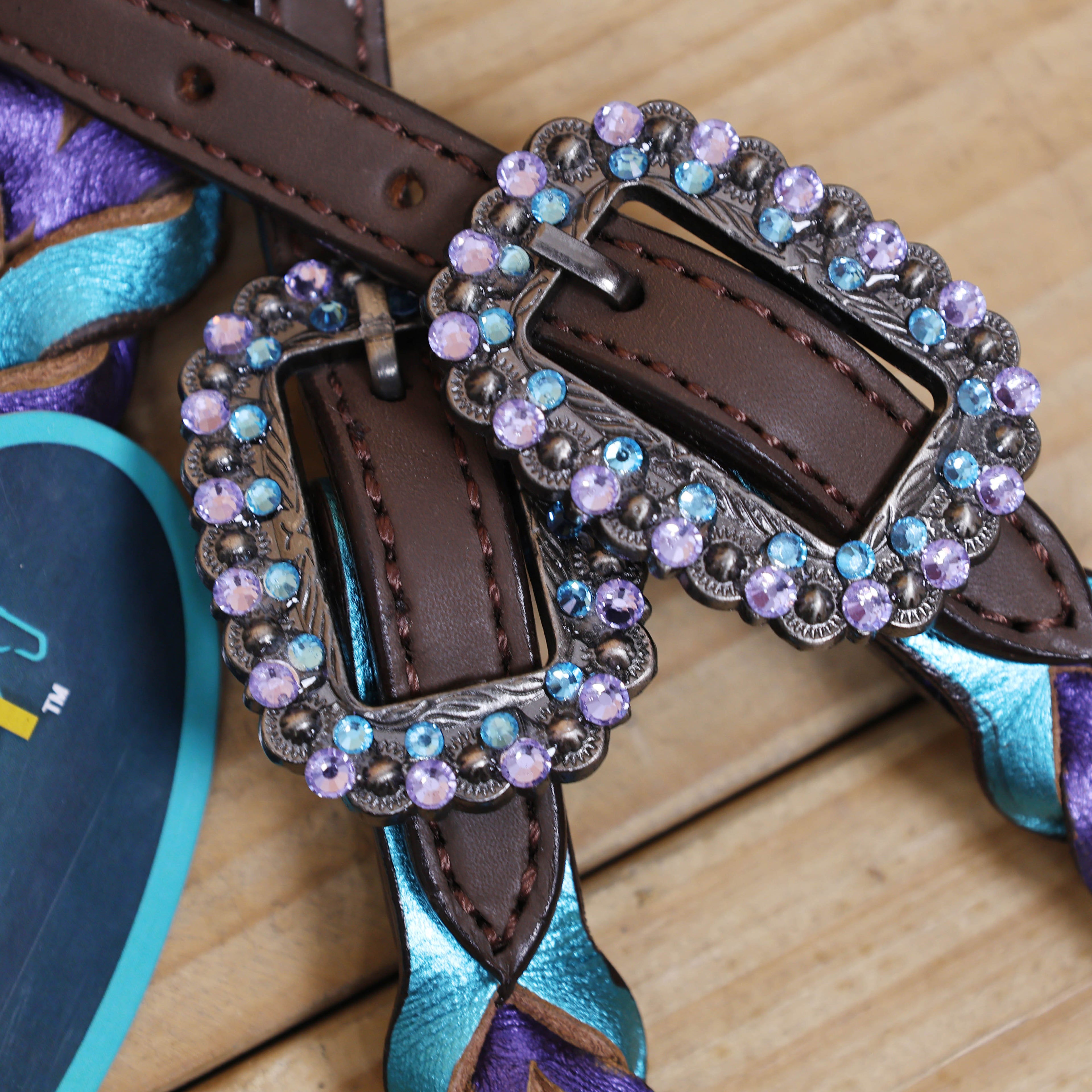 Western Horse Headstall Tack Set Decorated with Purple and Teal Metallic Twisted Leather Braiding and Rhinestone Berry Conchos MOUSM