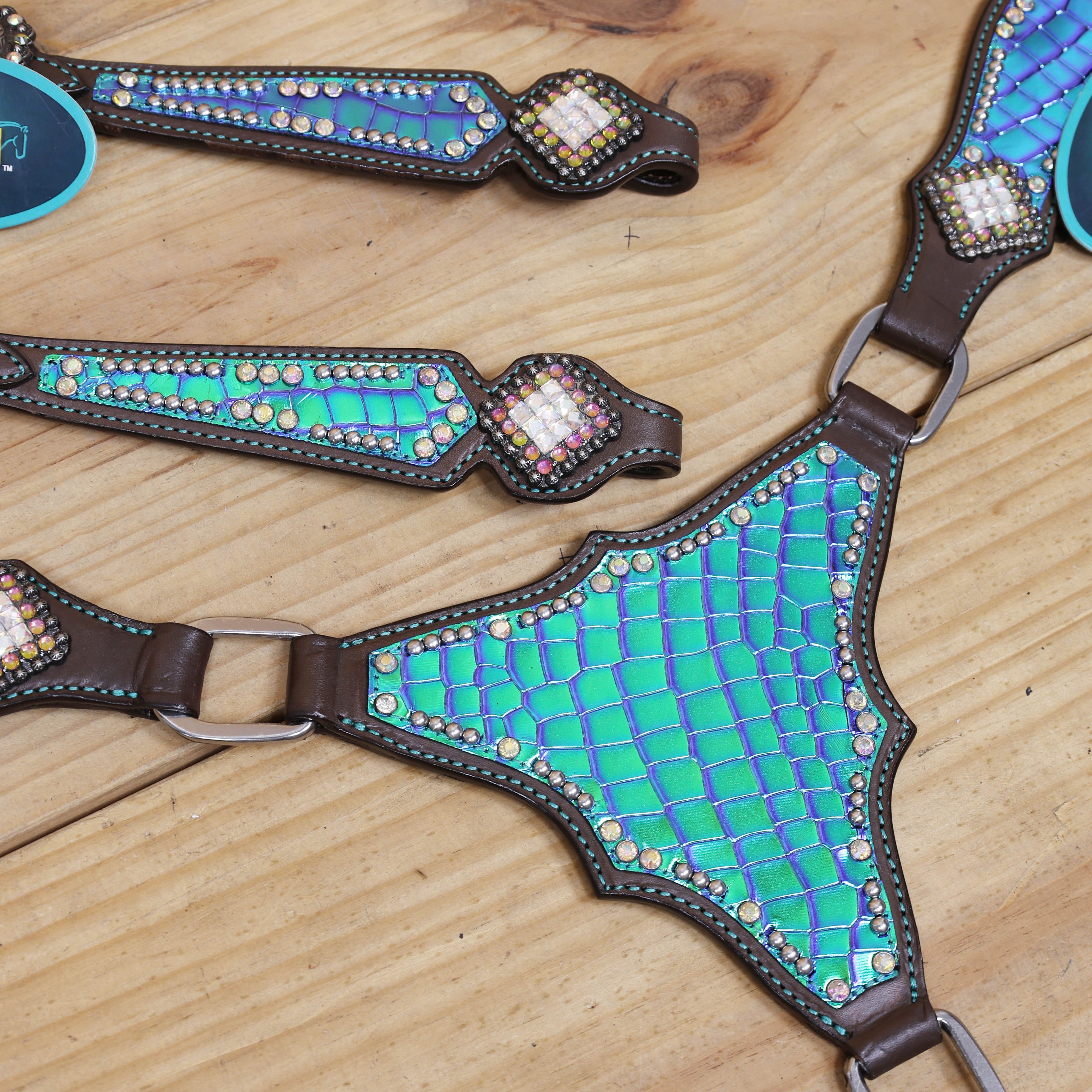 Western Horse Headstall Set Decorated with Turquoise and Green Holographic Alligator Print with Silver Studs and Rhinestone Berry Conchos MOUSM