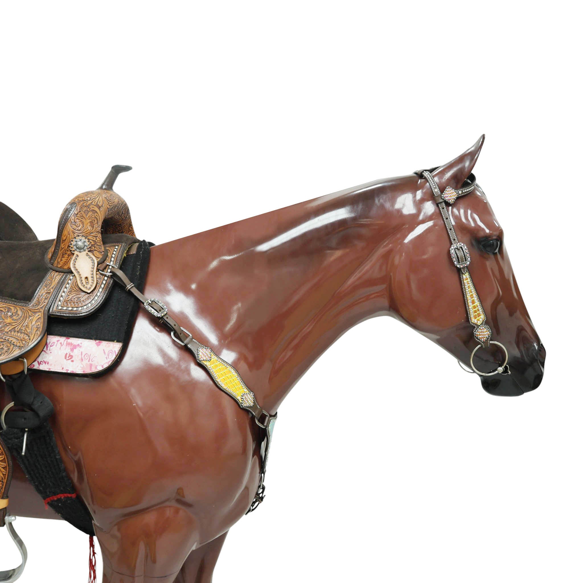 Western Leather Headstall Breast Collar Set Decorated with Orange and Yellow Holographic Alligator Print with Silver Studs and Rhinestone Berry Conchos MOUSM