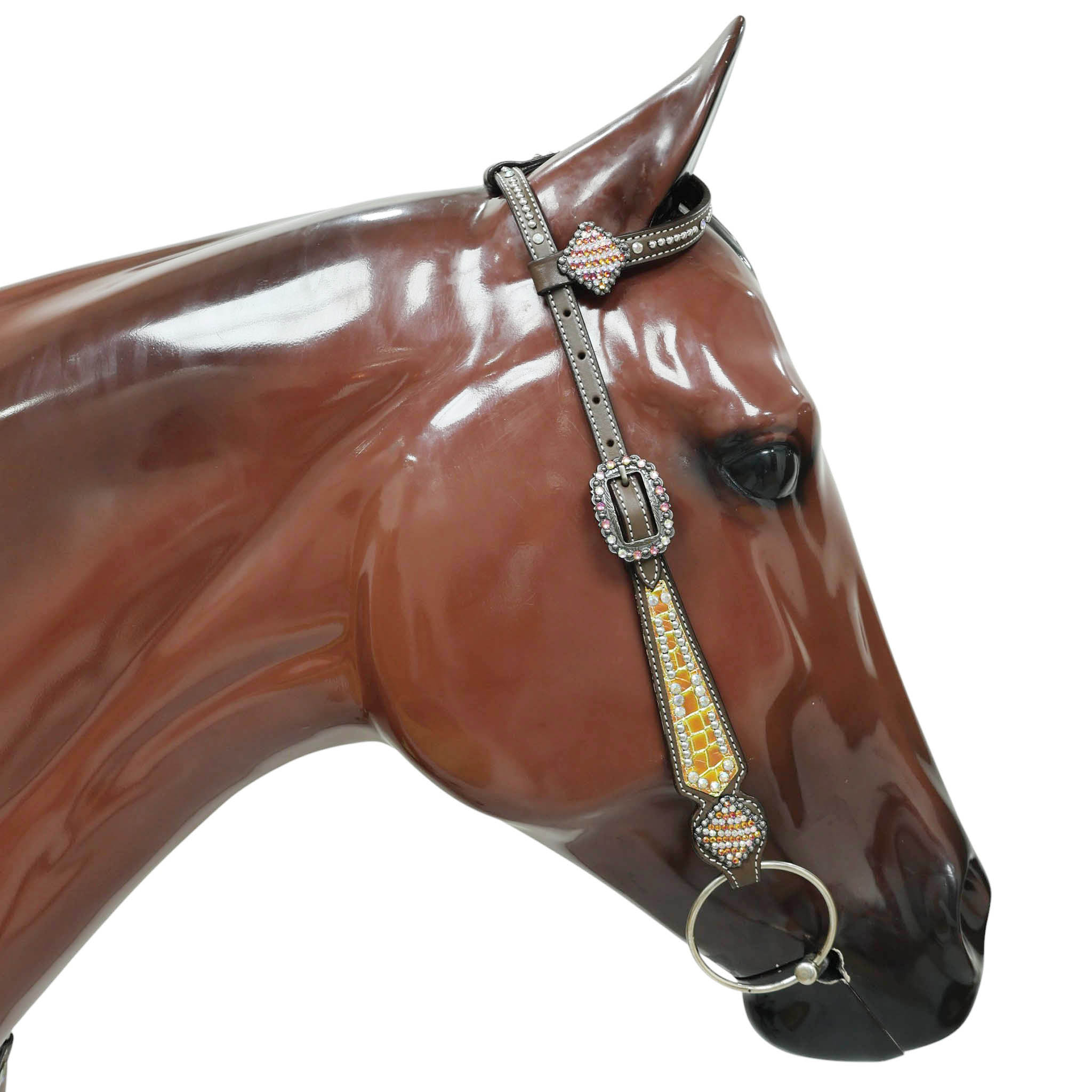 Western Leather Headstall Breast Collar Set Decorated with Orange and Yellow Holographic Alligator Print with Silver Studs and Rhinestone Berry Conchos MOUSM
