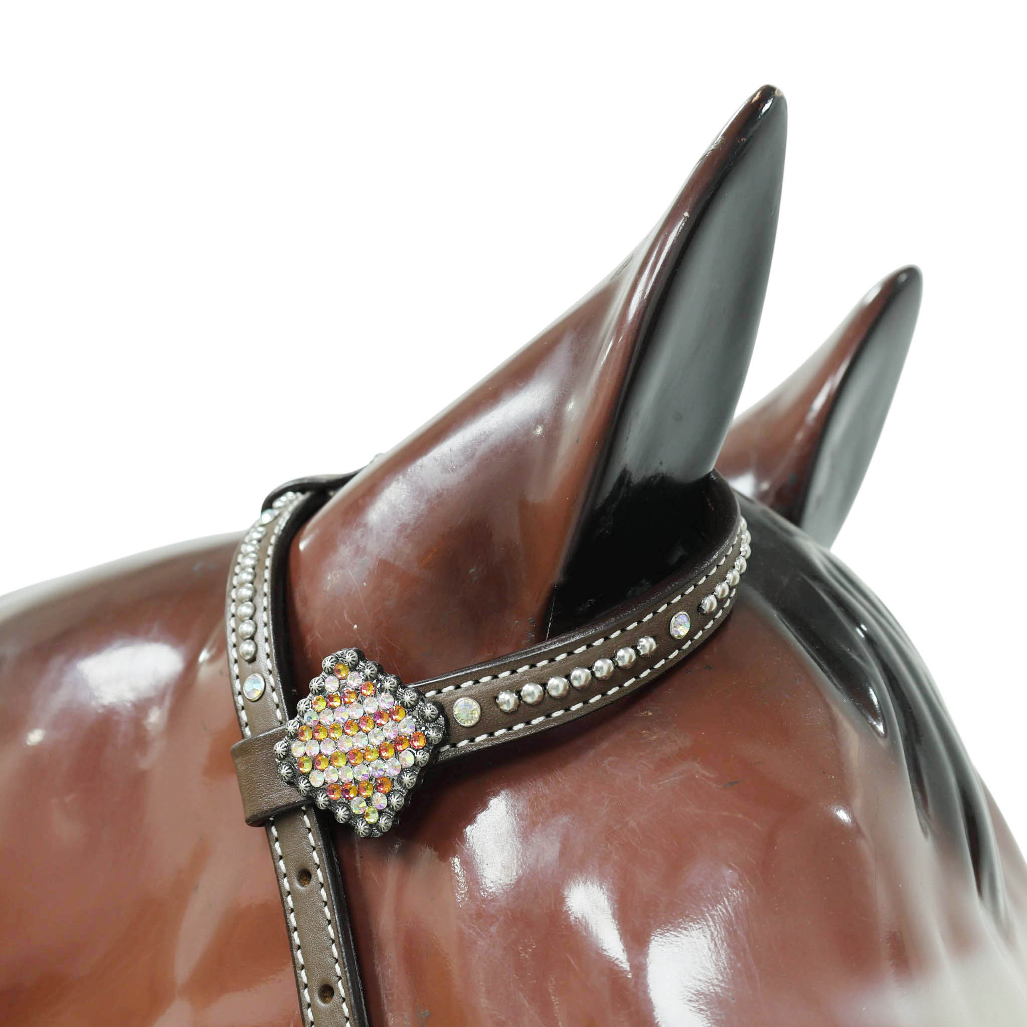 Western Leather Headstall Breast Collar Set Decorated with Orange and Yellow Holographic Alligator Print with Silver Studs and Rhinestone Berry Conchos MOUSM