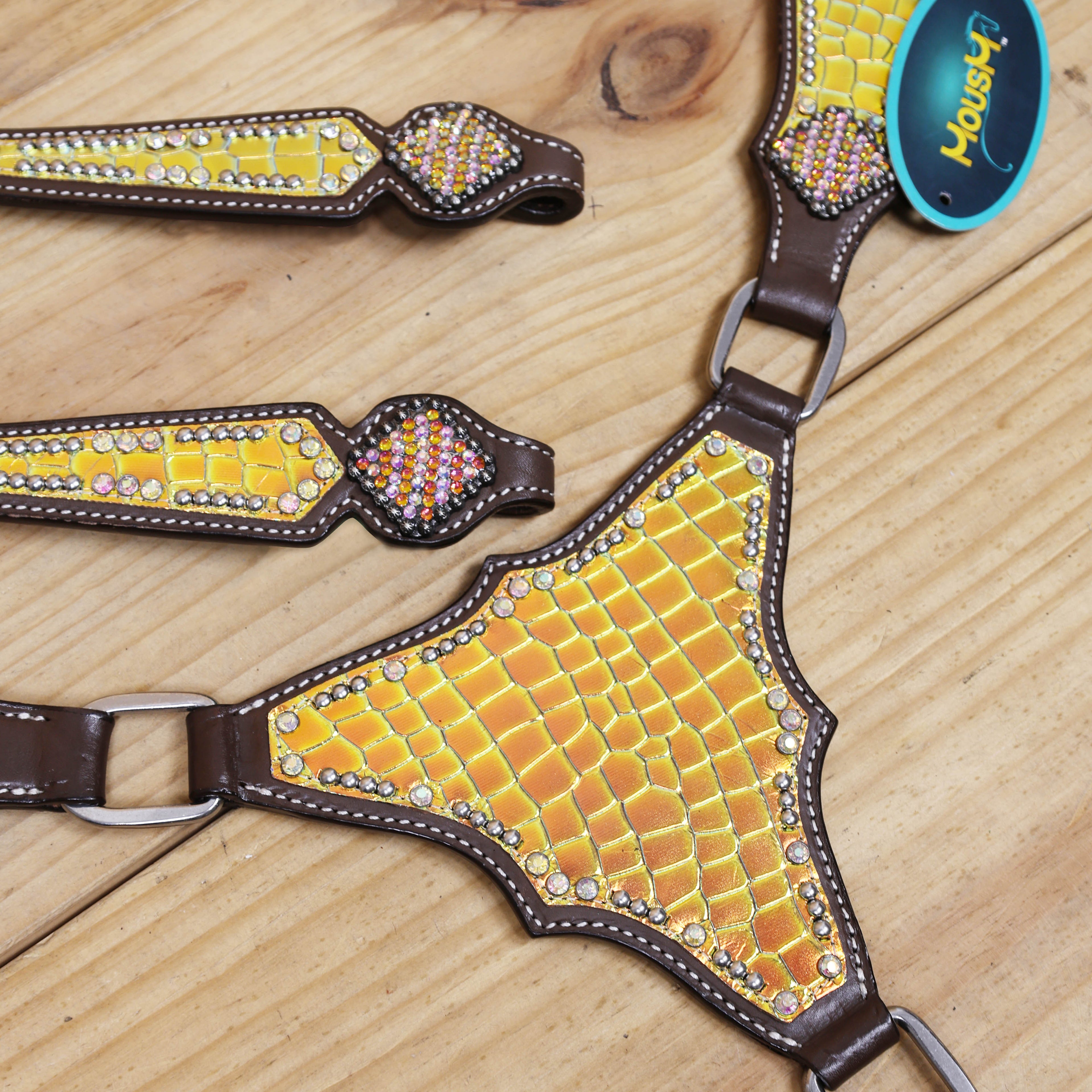 Western Leather Headstall Breast Collar Set Decorated with Orange and Yellow Holographic Alligator Print with Silver Studs and Rhinestone Berry Conchos MOUSM