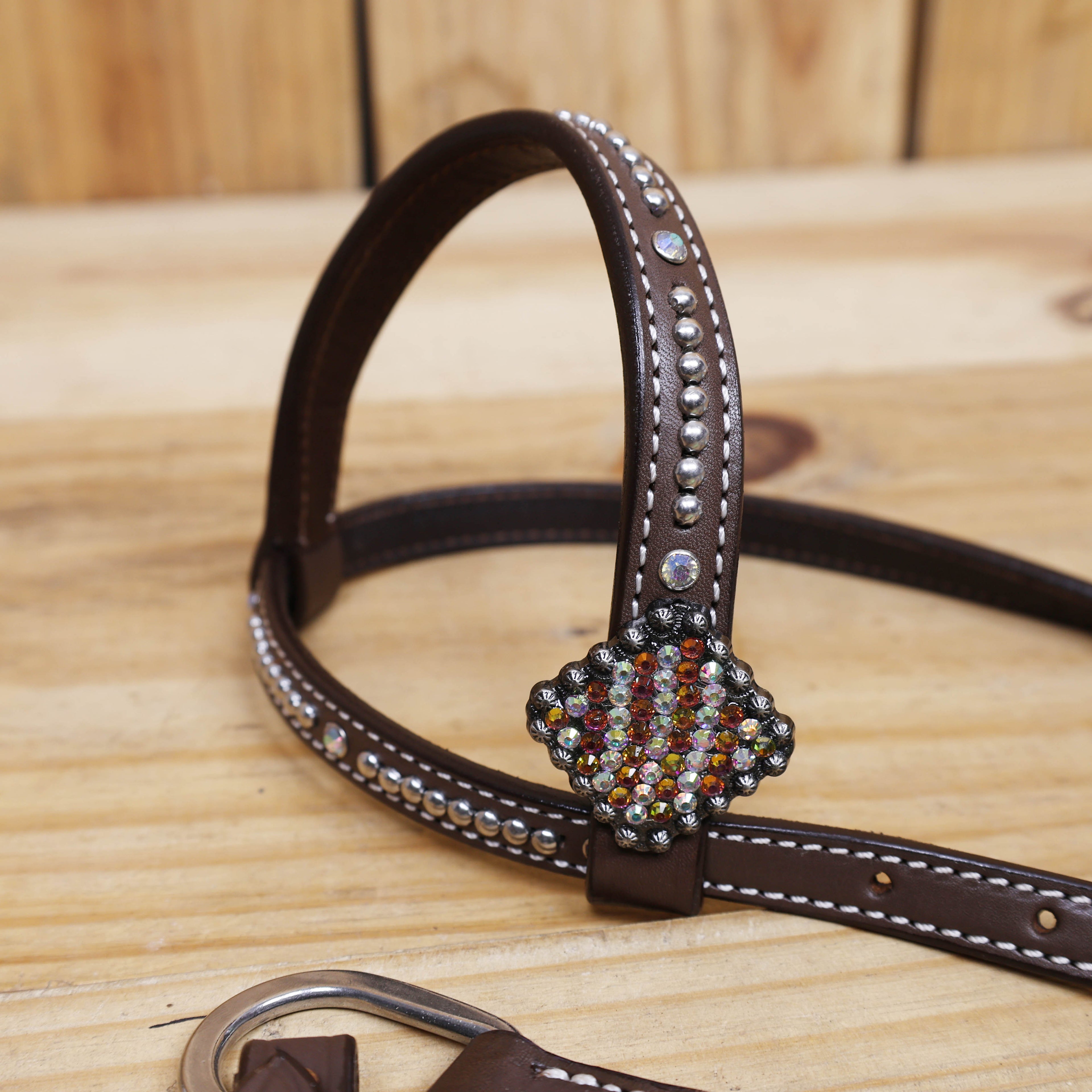 Western Leather Headstall Breast Collar Set Decorated with Orange and Yellow Holographic Alligator Print with Silver Studs and Rhinestone Berry Conchos MOUSM