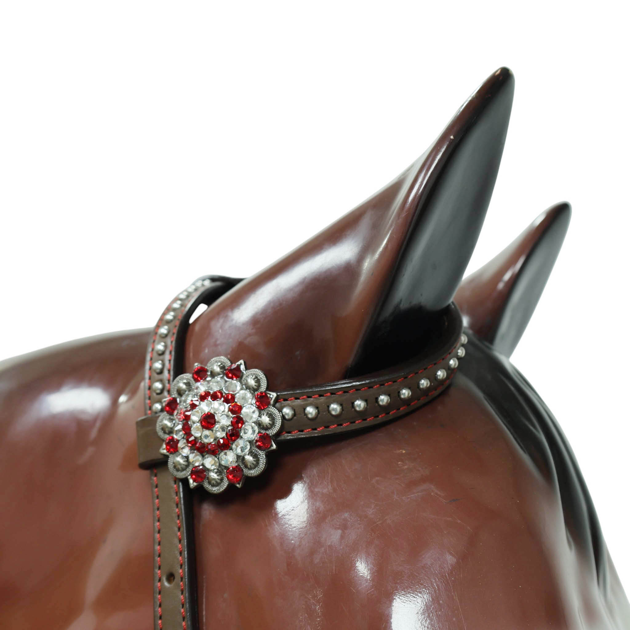 Western Headstall and Breast Collar Set Decorated with Red Alligator Print, Silver Studs, and Red-White Rhinestone Berry Conchos MOUSM