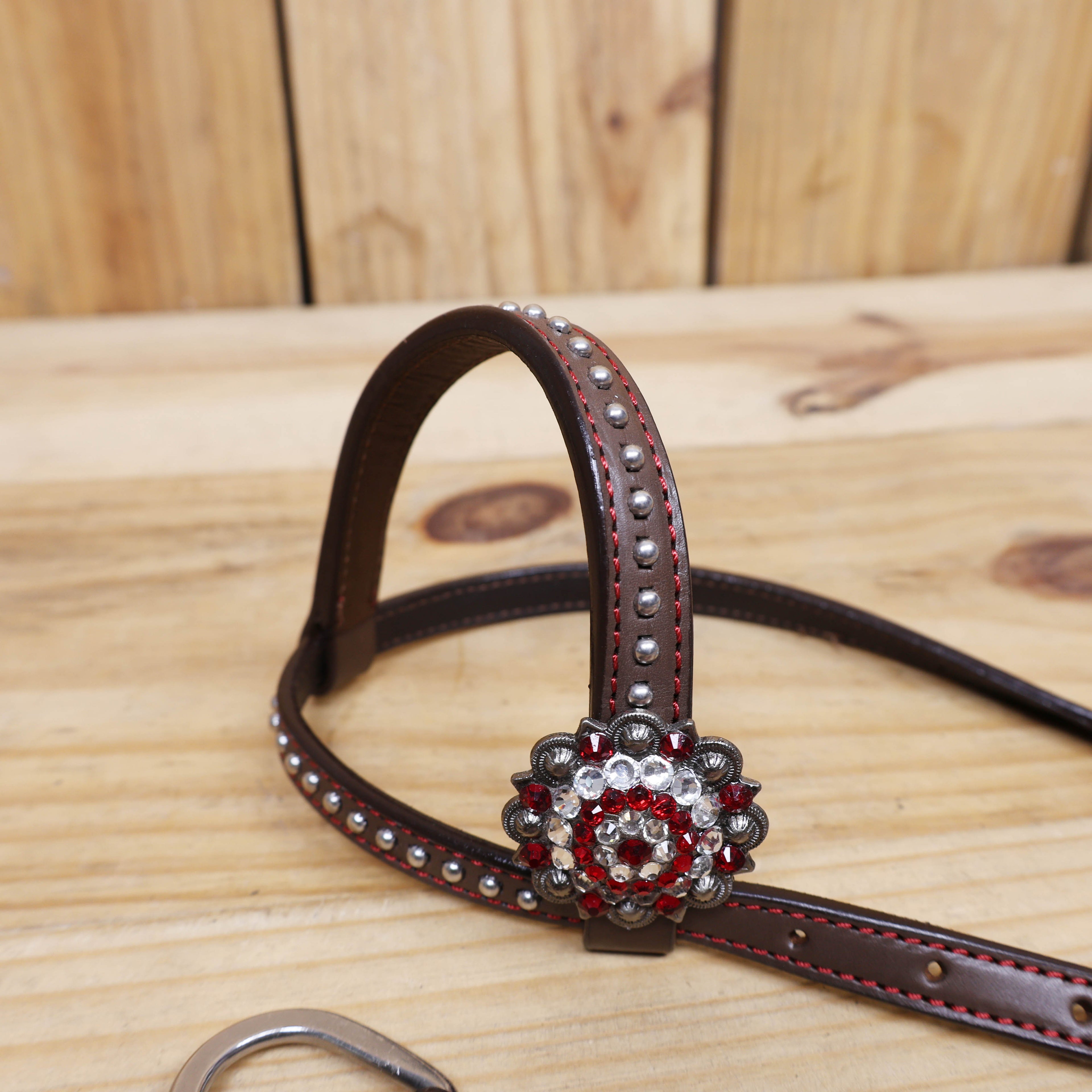 Western Headstall and Breast Collar Set Decorated with Red Alligator Print, Silver Studs, and Red-White Rhinestone Berry Conchos MOUSM