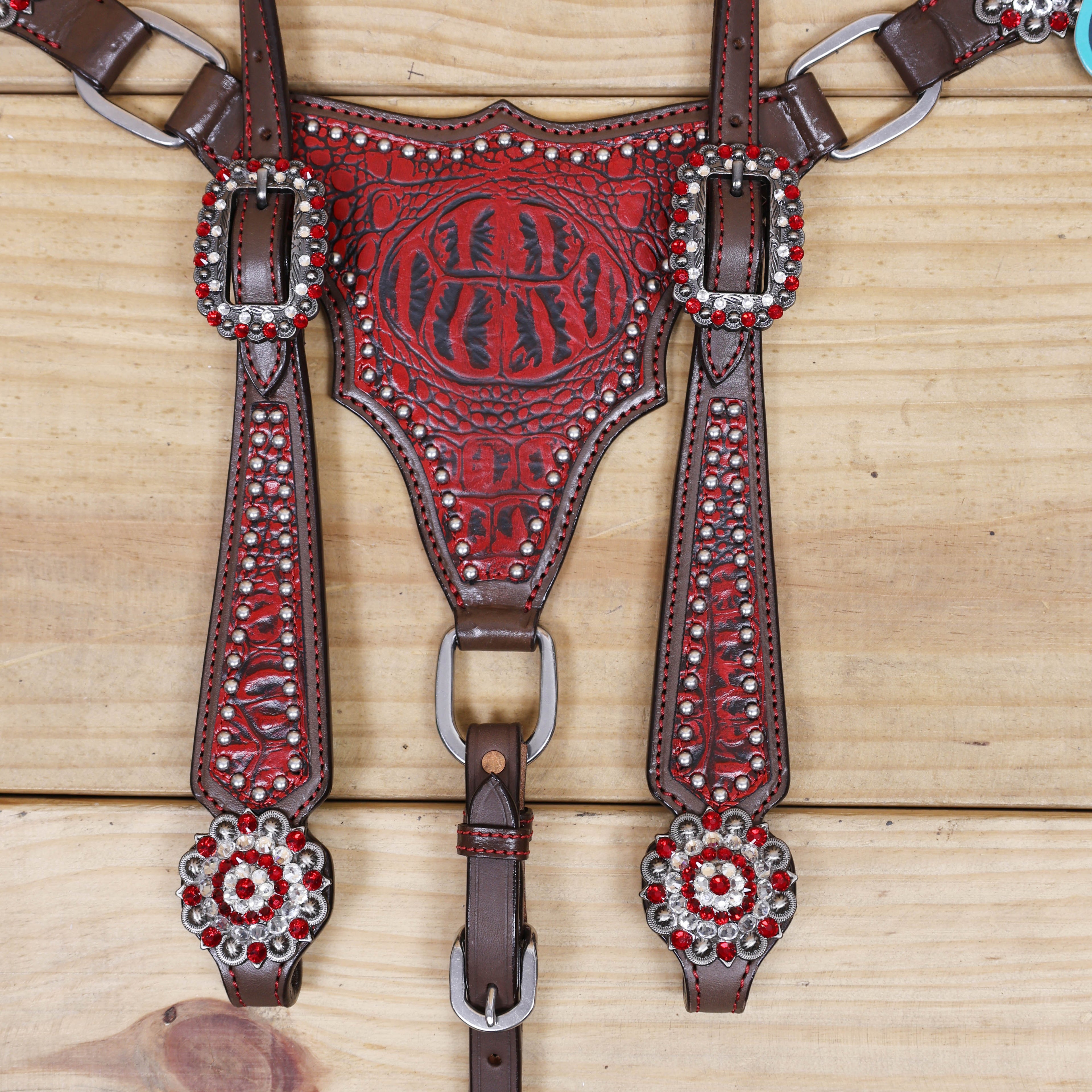 Western Headstall and Breast Collar Set Decorated with Red Alligator Print, Silver Studs, and Red-White Rhinestone Berry Conchos MOUSM
