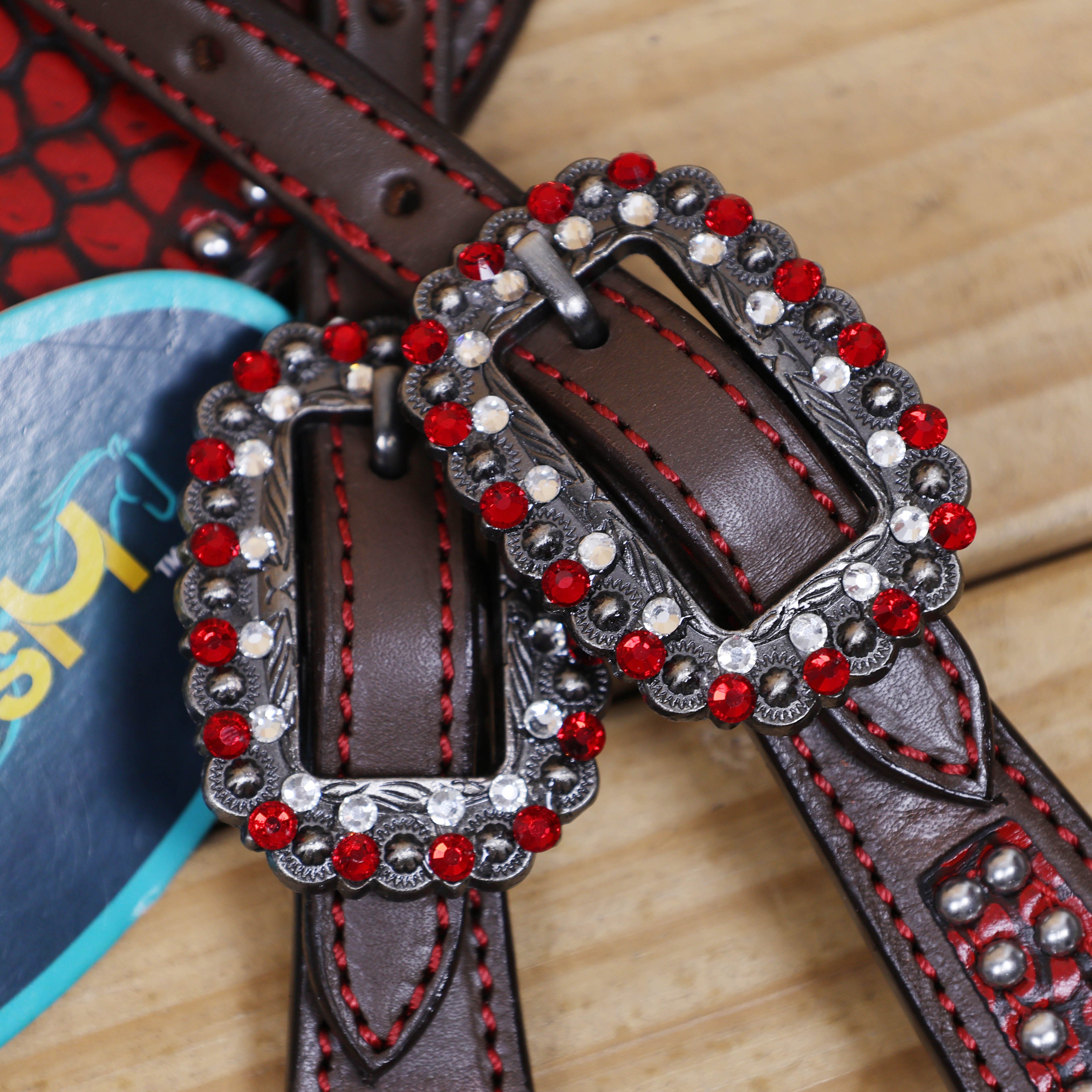 Western Headstall and Breast Collar Set Decorated with Red Alligator Print, Silver Studs, and Red-White Rhinestone Berry Conchos MOUSM