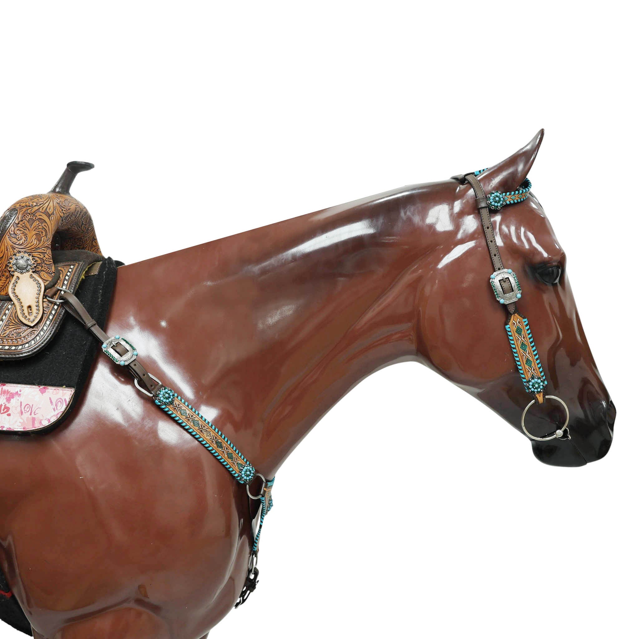 Western Leather Horse Tack Set with Geometrical Tooling, White and Turquoise Painting, and Turquoise Berry Concho on Gladiator Breast Collar MOUSM