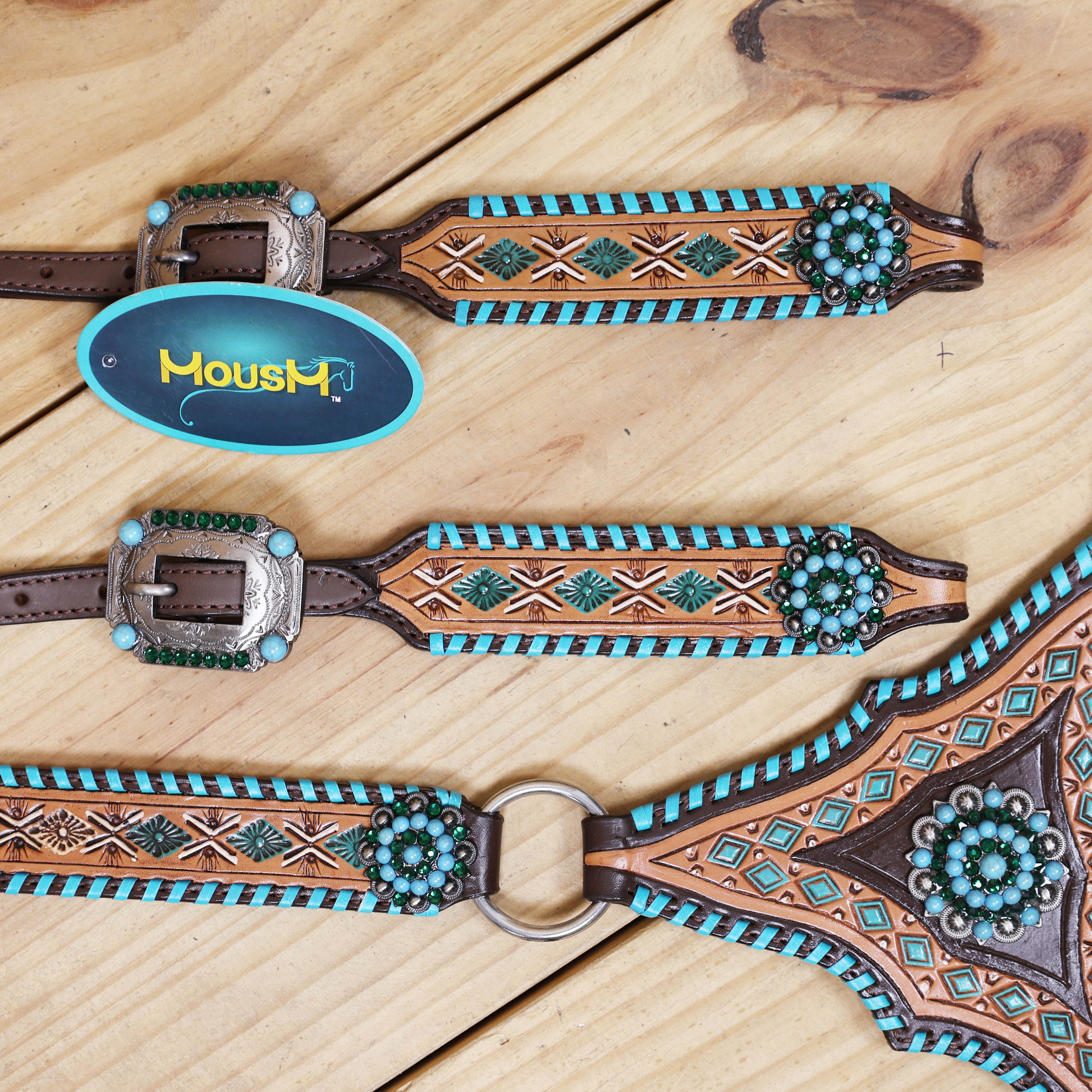 Western Leather Horse Tack Set with Geometrical Tooling, White and Turquoise Painting, and Turquoise Berry Concho on Gladiator Breast Collar MOUSM