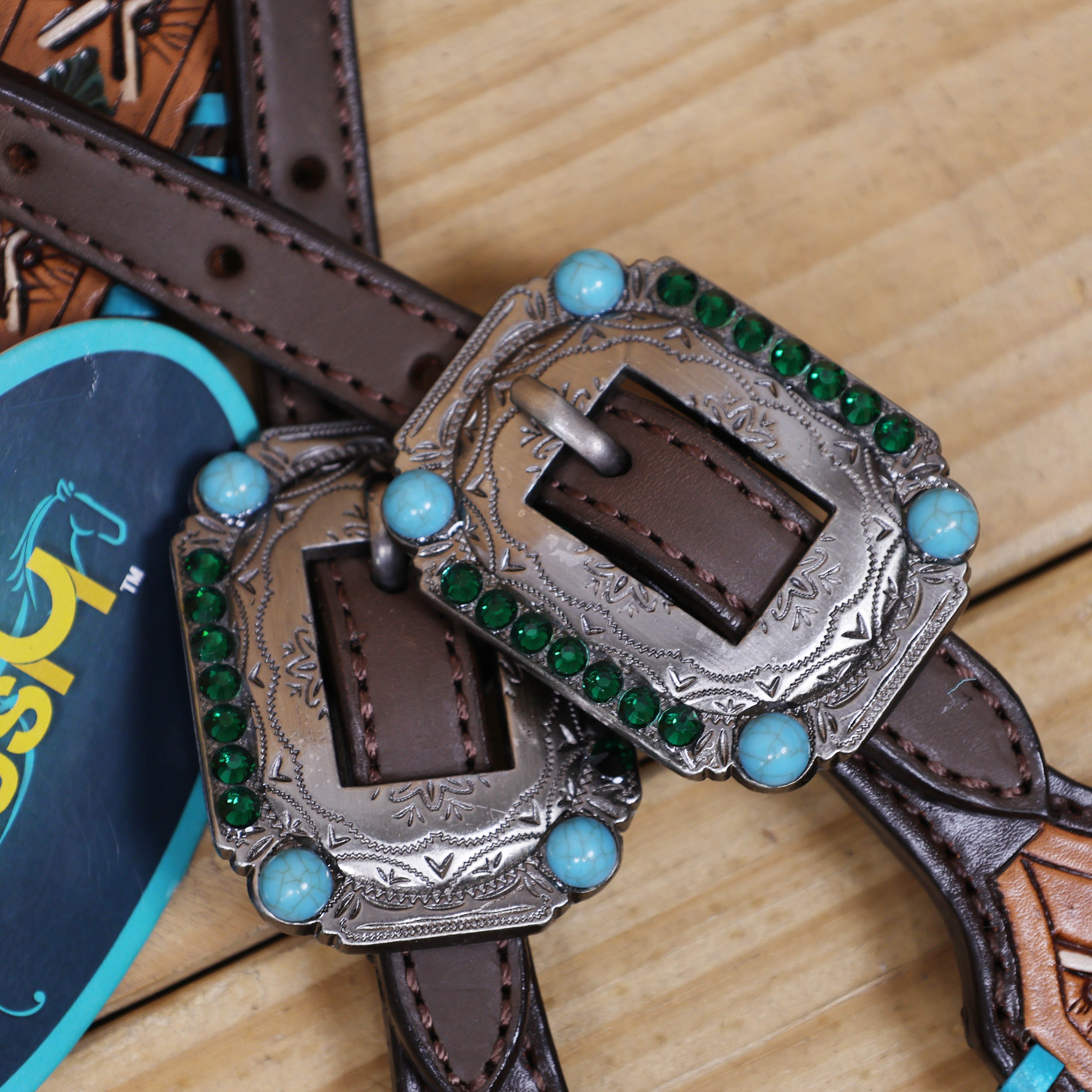 Western Leather Horse Tack Set with Geometrical Tooling, White and Turquoise Painting, and Turquoise Berry Concho on Gladiator Breast Collar MOUSM