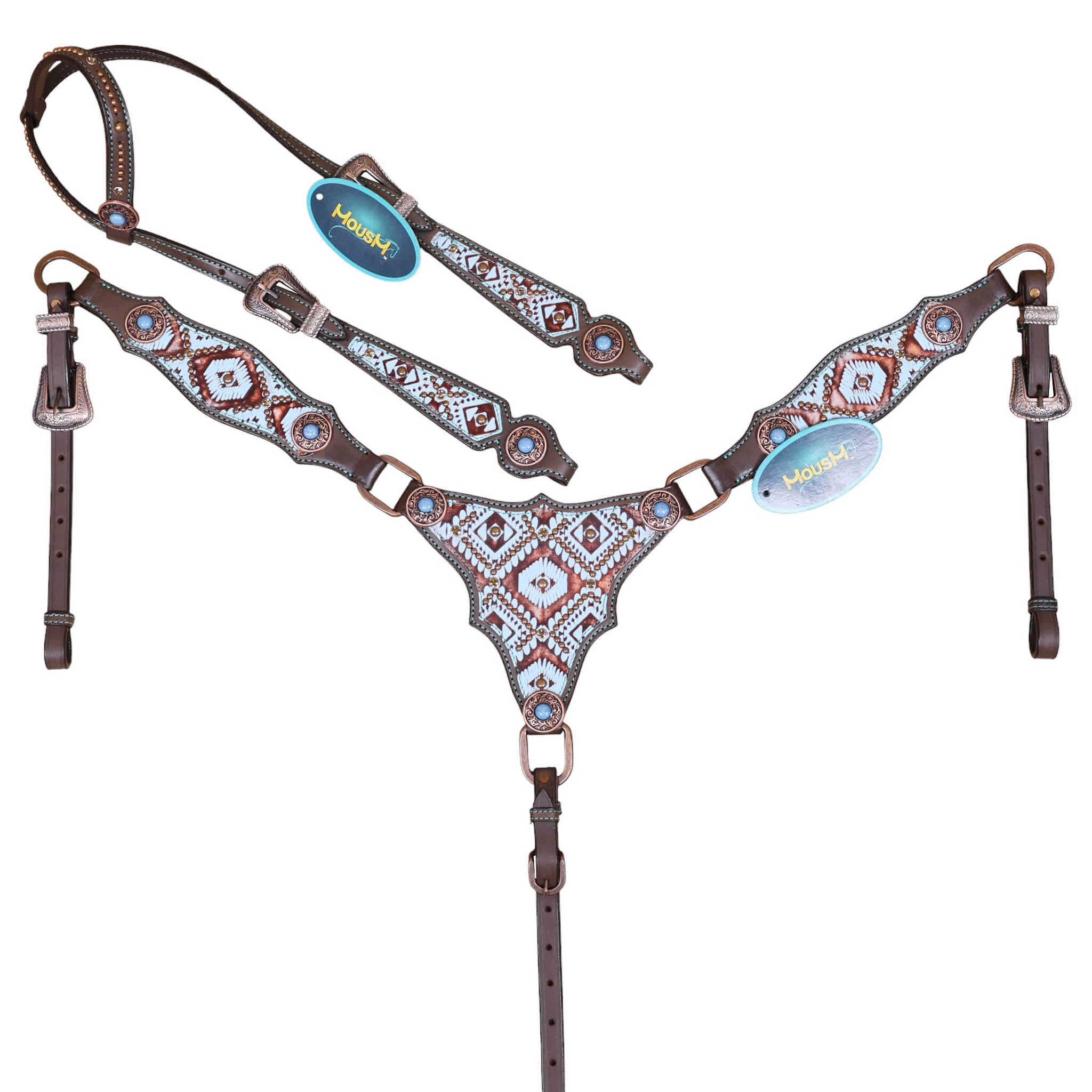 Western Leather Headstall & Breast Collar Set – Genuine Argentina Cowhide, Copper Slot Conchos, Turquoise & Copper Embossed Aztec Print