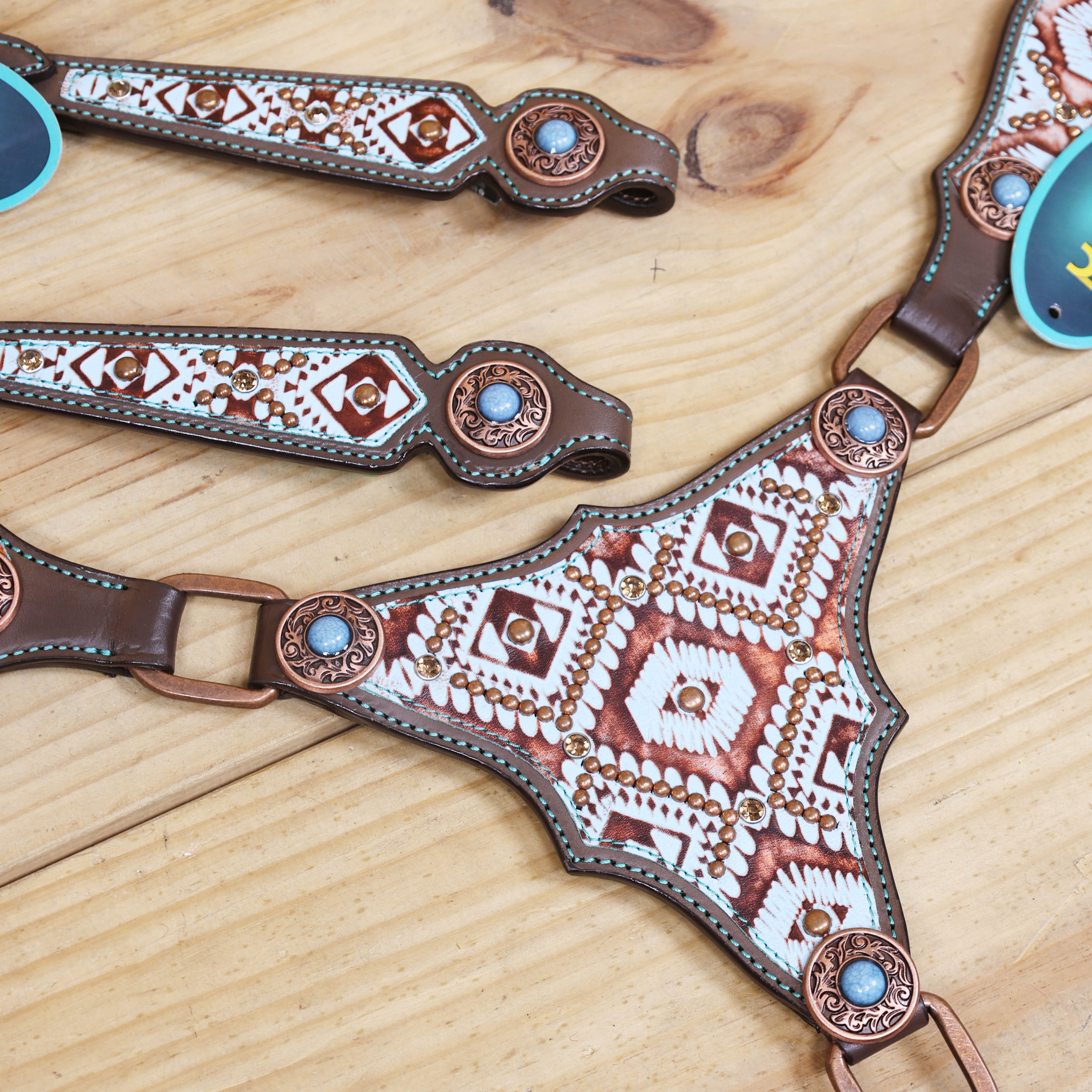 Western Leather Headstall & Breast Collar Set – Genuine Argentina Cowhide, Copper Slot Conchos, Turquoise & Copper Embossed Aztec Print