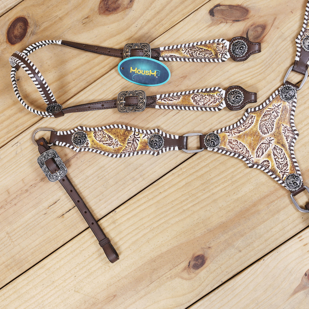 Western Leather Headstall & Breast Collar Set – Antique Brown Feather Embossed Patches
