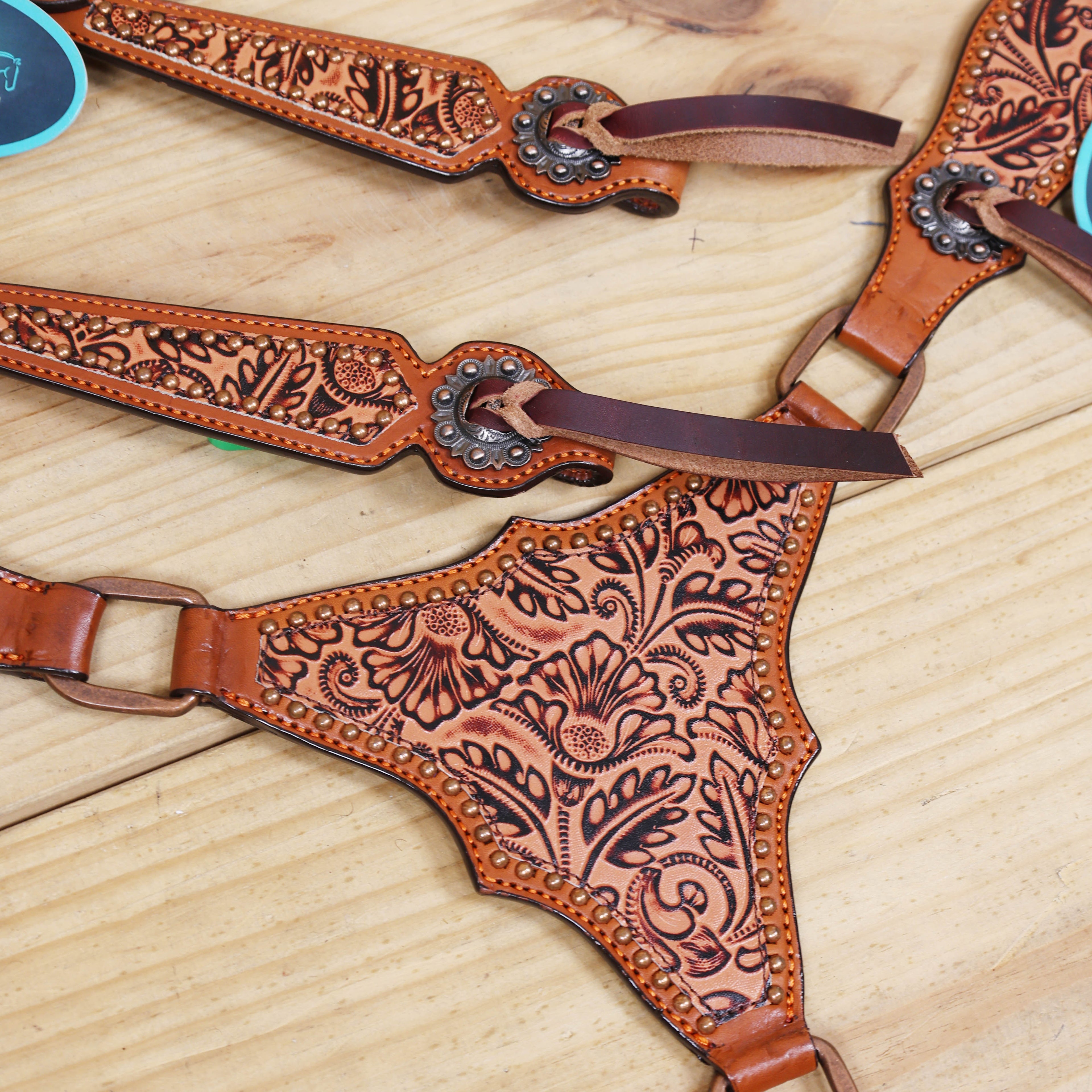 Western Leather Headstall & Breast Collar Tack Set – Brown Leaf & Flower Embossed Leather