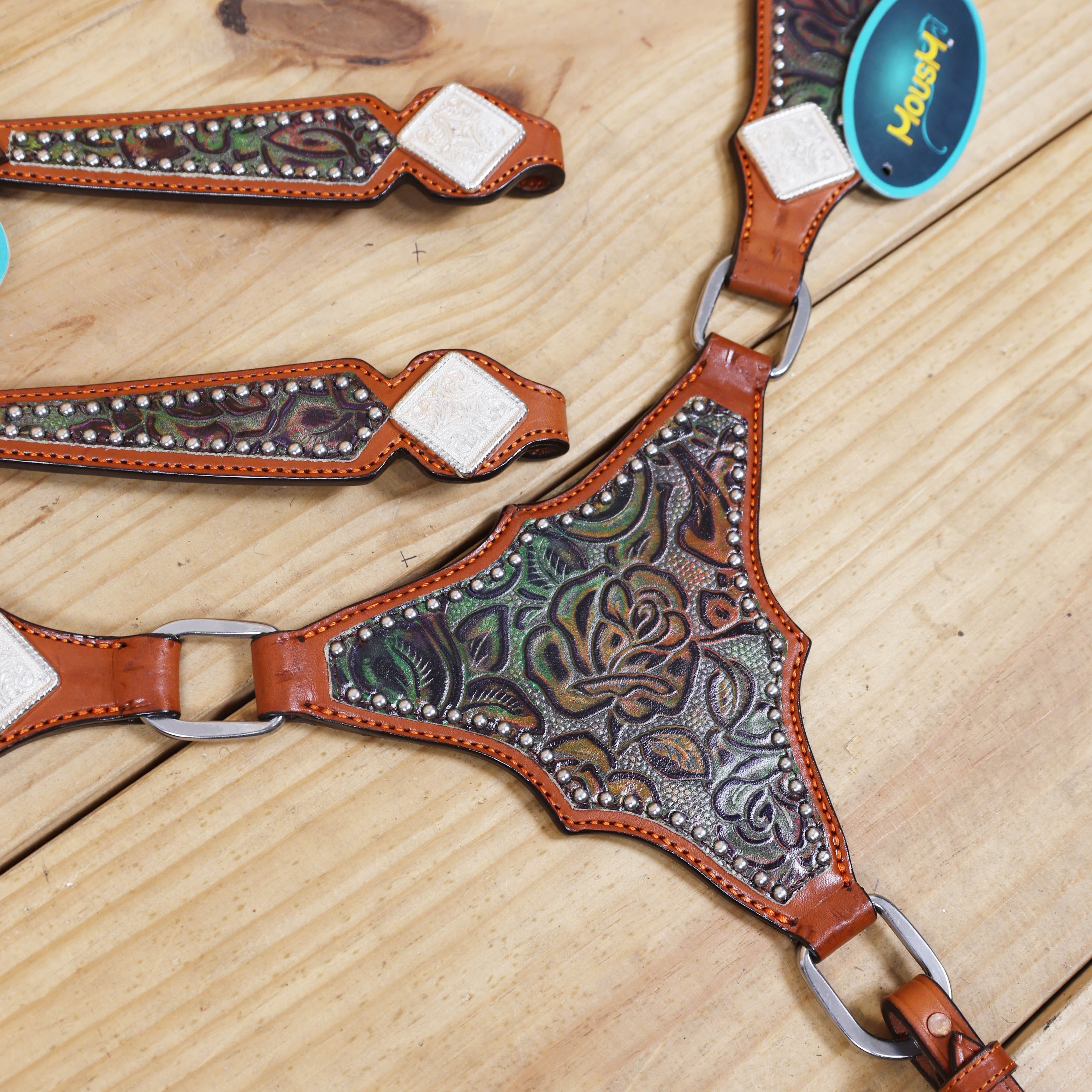 Western Leather Headstall & Breast Collar Set – Rainbow Rose Embossed Leather