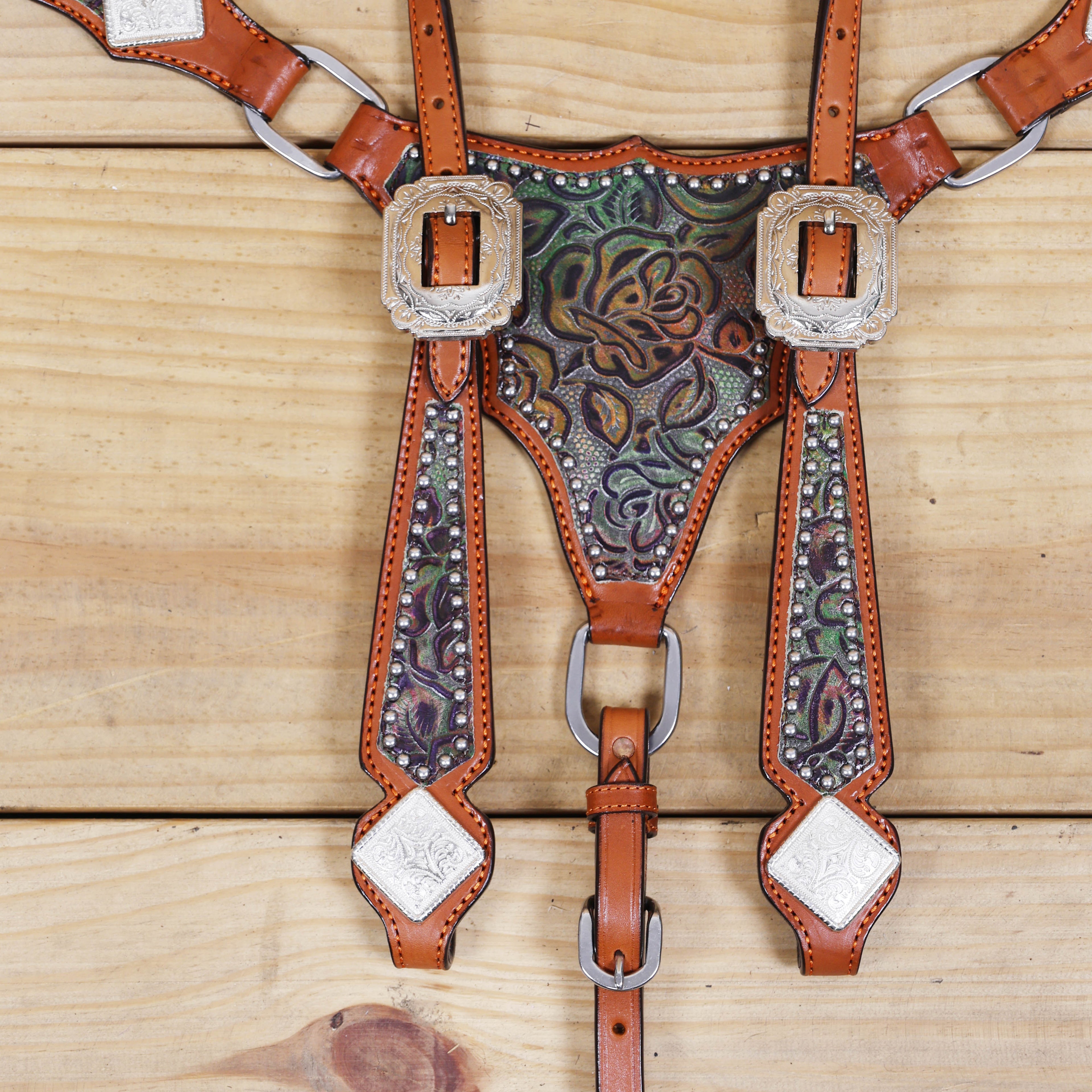Western Leather Headstall & Breast Collar Set – Rainbow Rose Embossed Leather