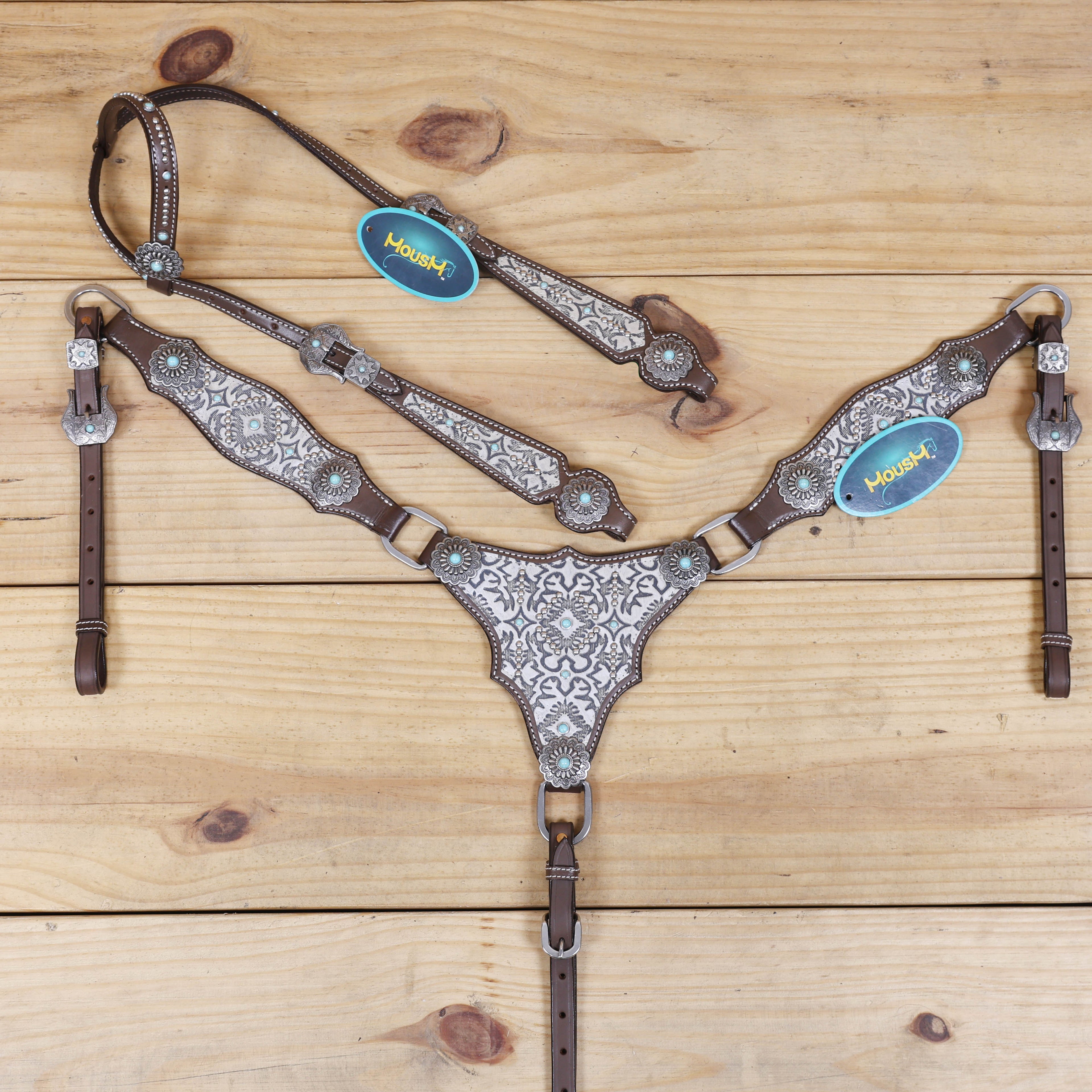 Western Leather Headstall and Breast Collar Tack Set – Silver & Gray Aztec Embossed