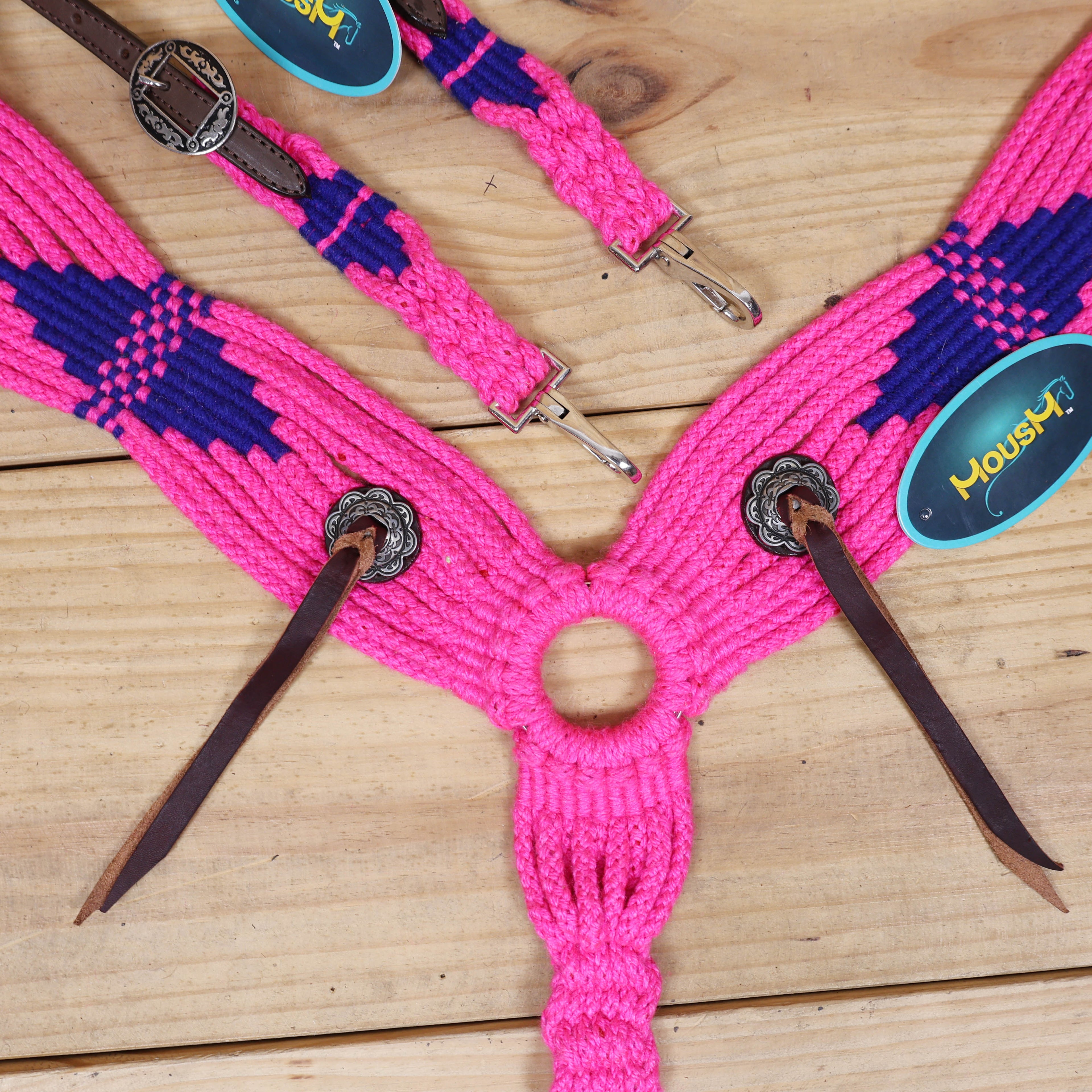 Pink and Royal Mohair Western Headstall Tack Set with 32” Front Girth – Complete Set with Breast Collar, Bronc Halter & Wither Strap – Antique Copper Hardware – Handcrafted