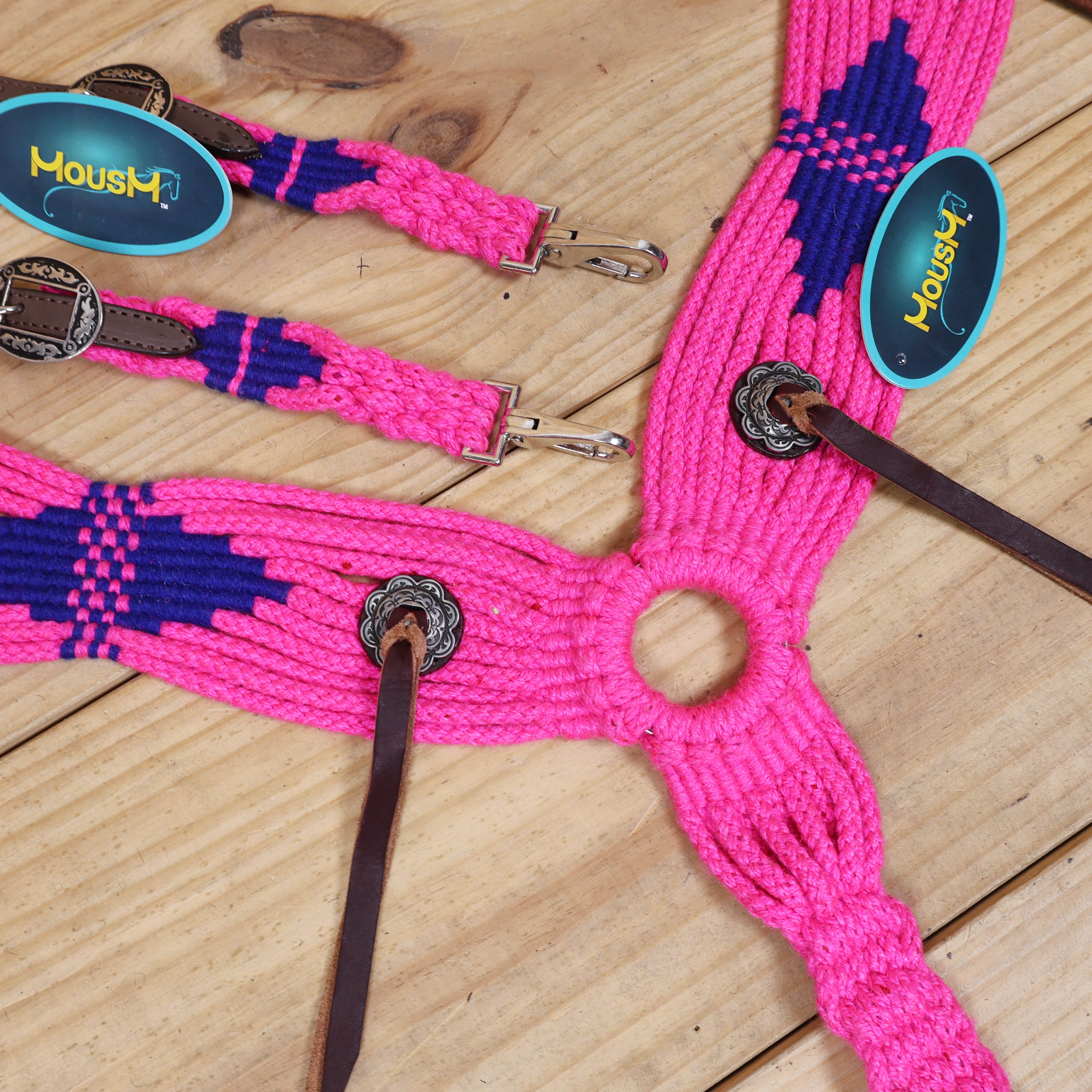 Pink and Royal Mohair Western Headstall Tack Set with 32” Front Girth – Complete Set with Breast Collar, Bronc Halter & Wither Strap – Antique Copper Hardware – Handcrafted