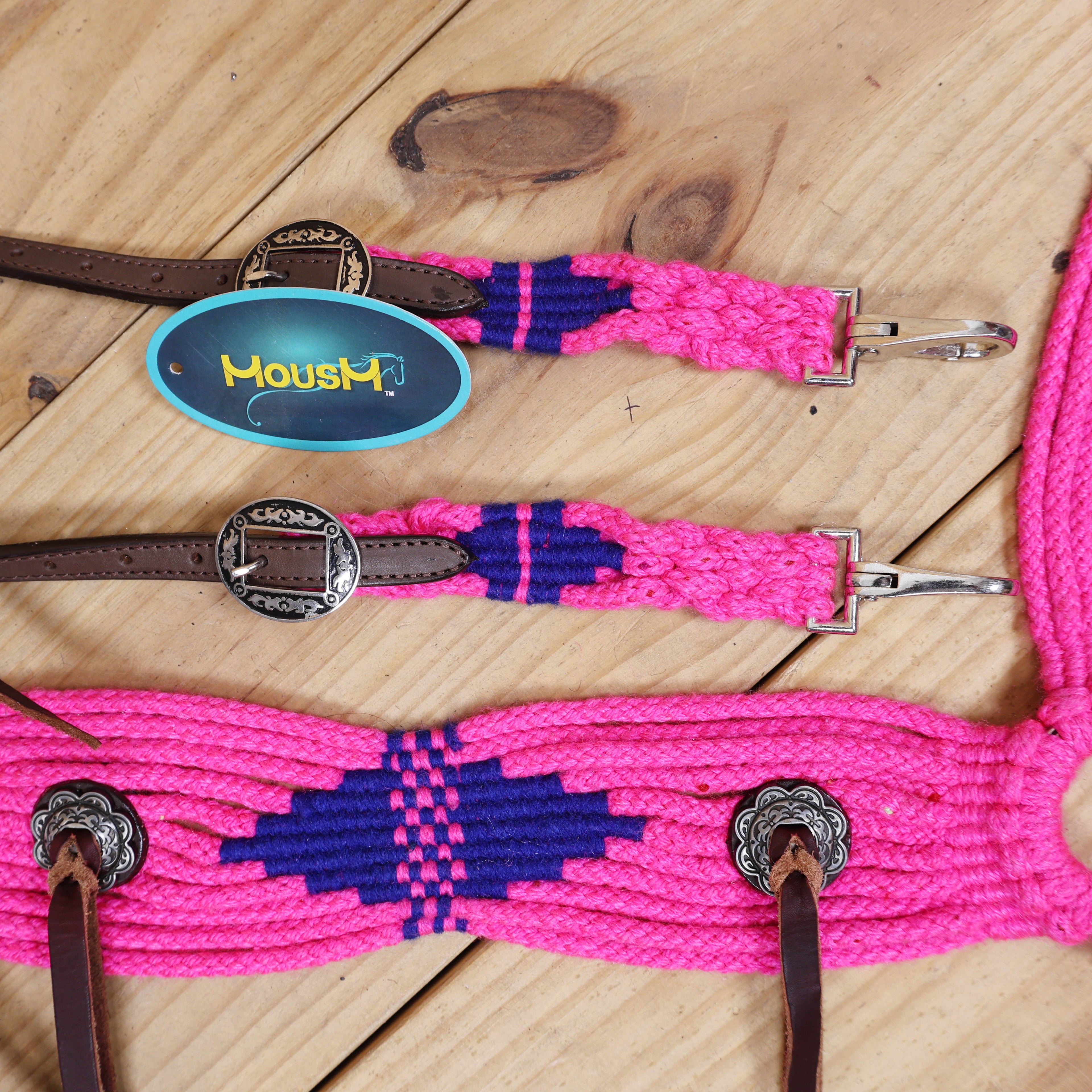 Pink and Royal Mohair Western Headstall Tack Set with 32” Front Girth – Complete Set with Breast Collar, Bronc Halter & Wither Strap – Antique Copper Hardware – Handcrafted