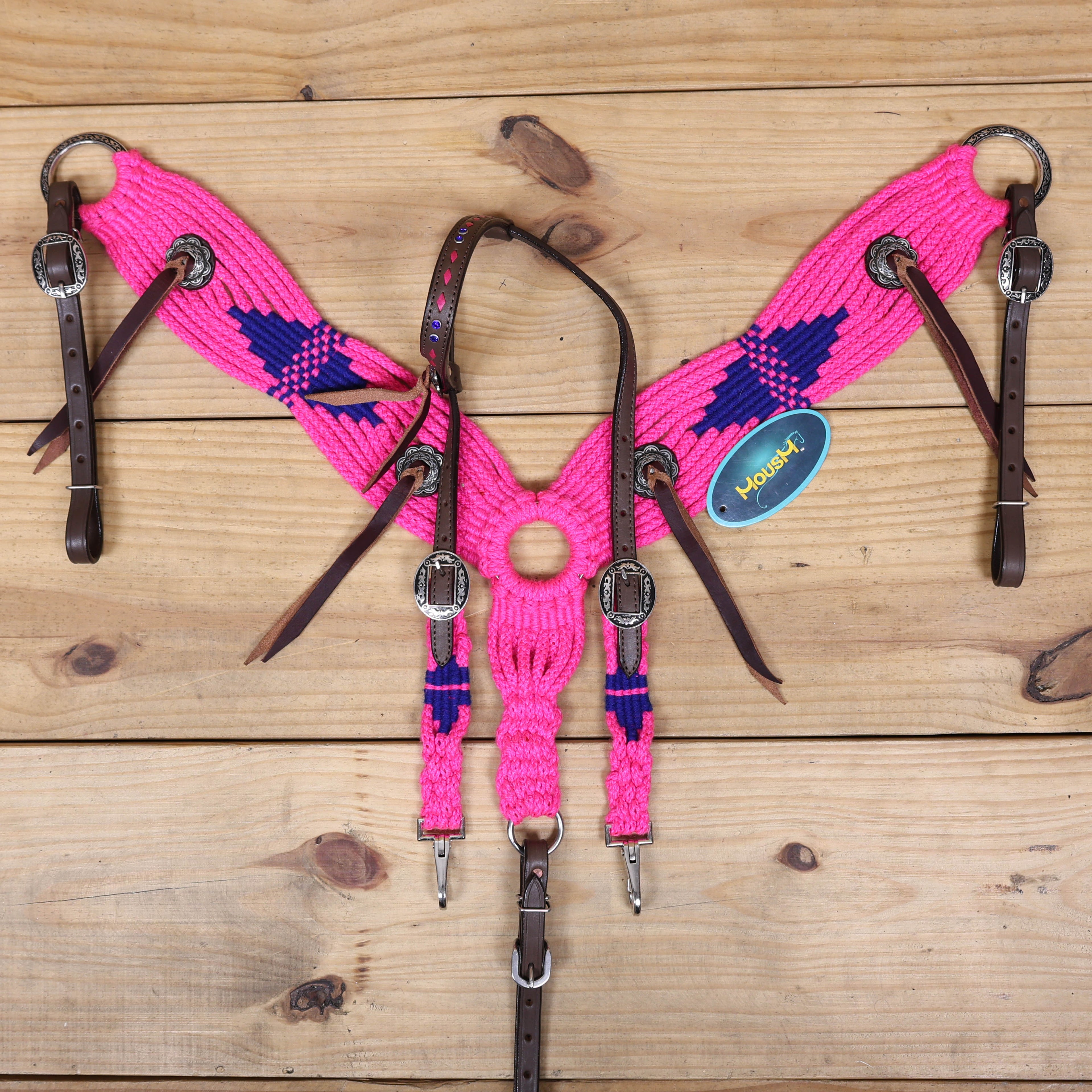 Pink and Royal Mohair Western Headstall Tack Set with 32” Front Girth – Complete Set with Breast Collar, Bronc Halter & Wither Strap – Antique Copper Hardware – Handcrafted