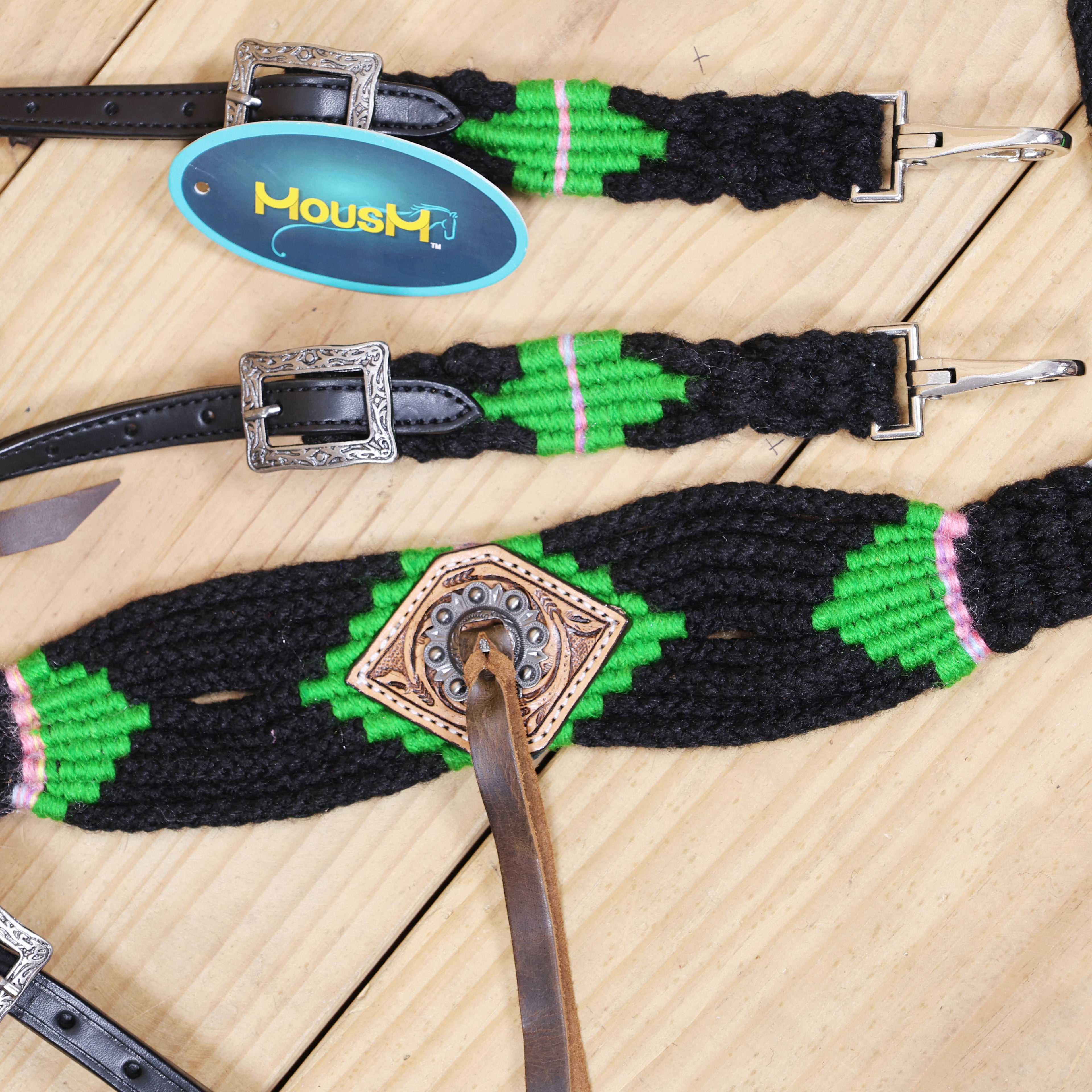 Green and Black Mohair Western Headstall Tack Set with 32” Front Girth – Complete Set with Breast Collar, Bronc Halter & Wither Strap – Antique Copper Hardware – Handcrafted