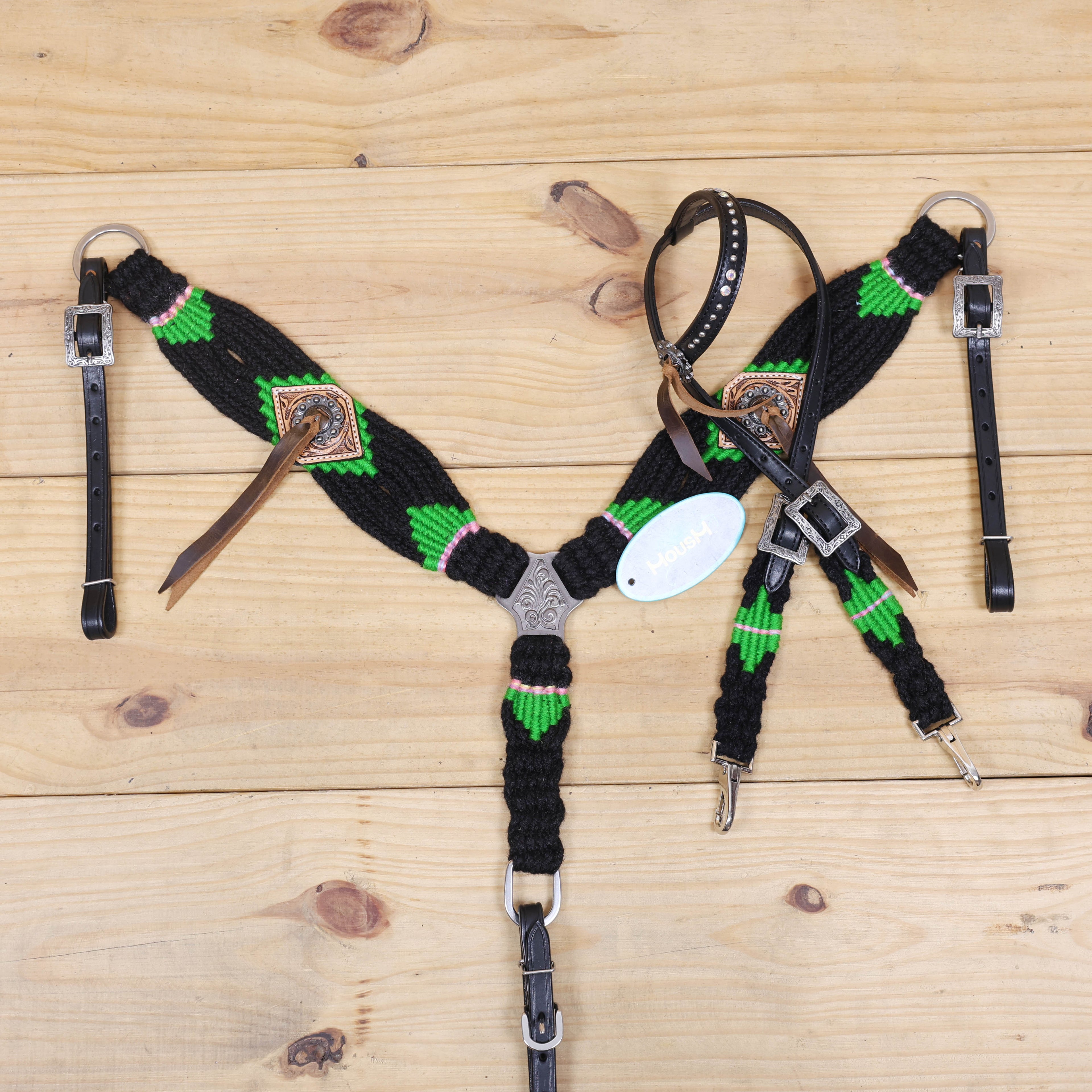 Green and Black Mohair Western Headstall Tack Set with 32” Front Girth – Complete Set with Breast Collar, Bronc Halter & Wither Strap – Antique Copper Hardware – Handcrafted