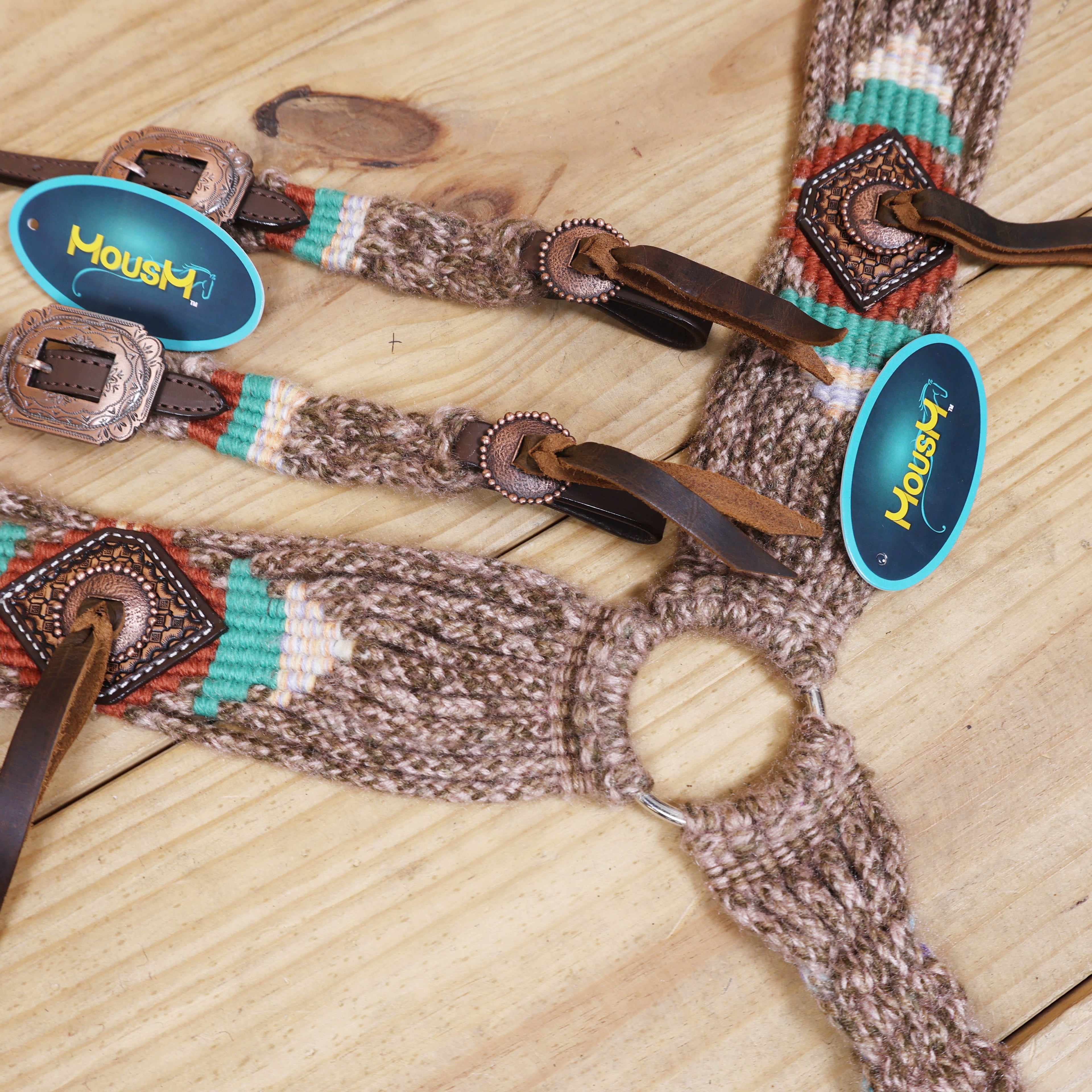 Beige, Turquoise & Reddish Brown Mohair Western Headstall Tack Set with 32” Front Girth – Complete Set with Breast Collar, Bronc Halter & Wither Strap – Antique Copper Hardware – Handcrafted