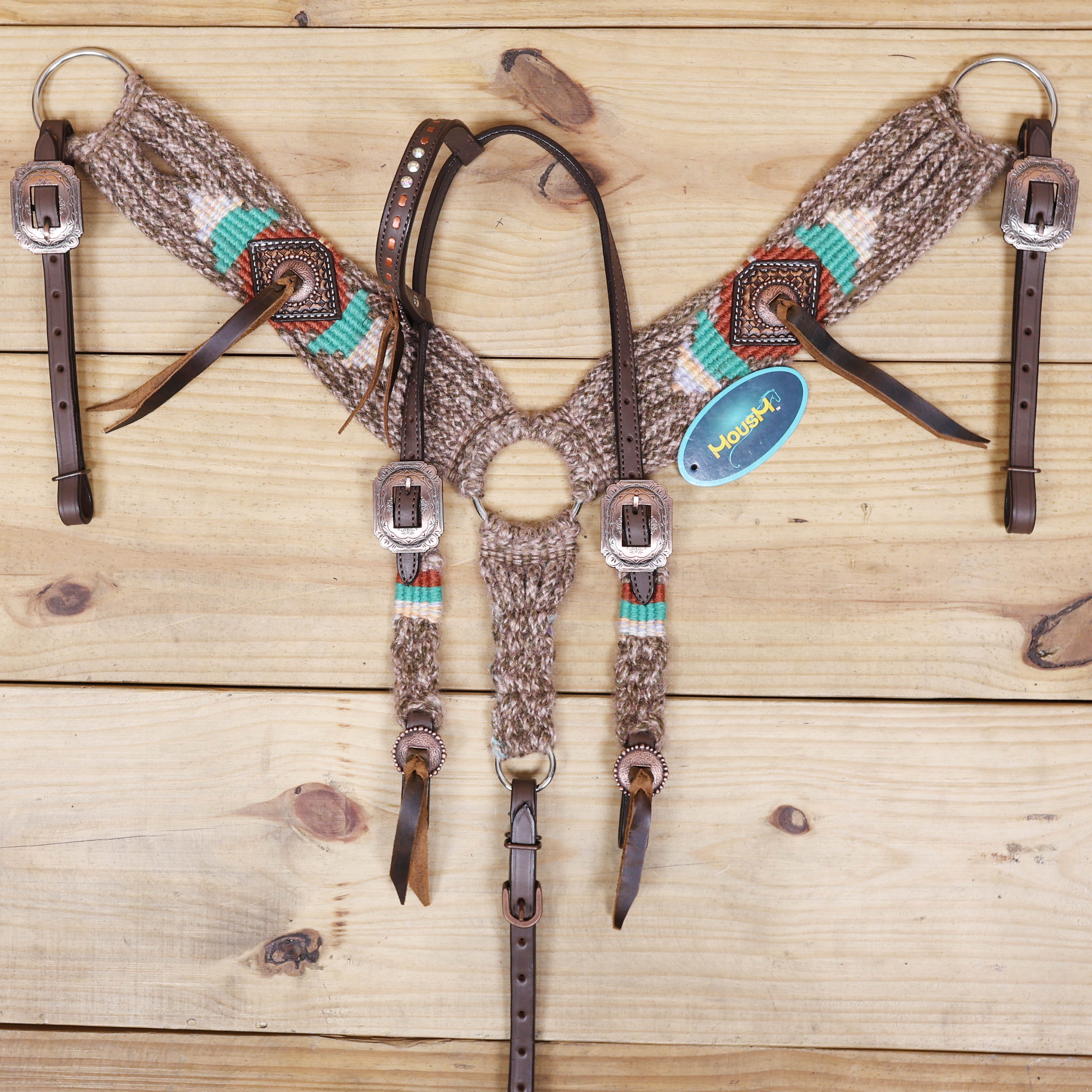 Beige, Turquoise & Reddish Brown Mohair Western Headstall Tack Set with 32” Front Girth – Complete Set with Breast Collar, Bronc Halter & Wither Strap – Antique Copper Hardware – Handcrafted