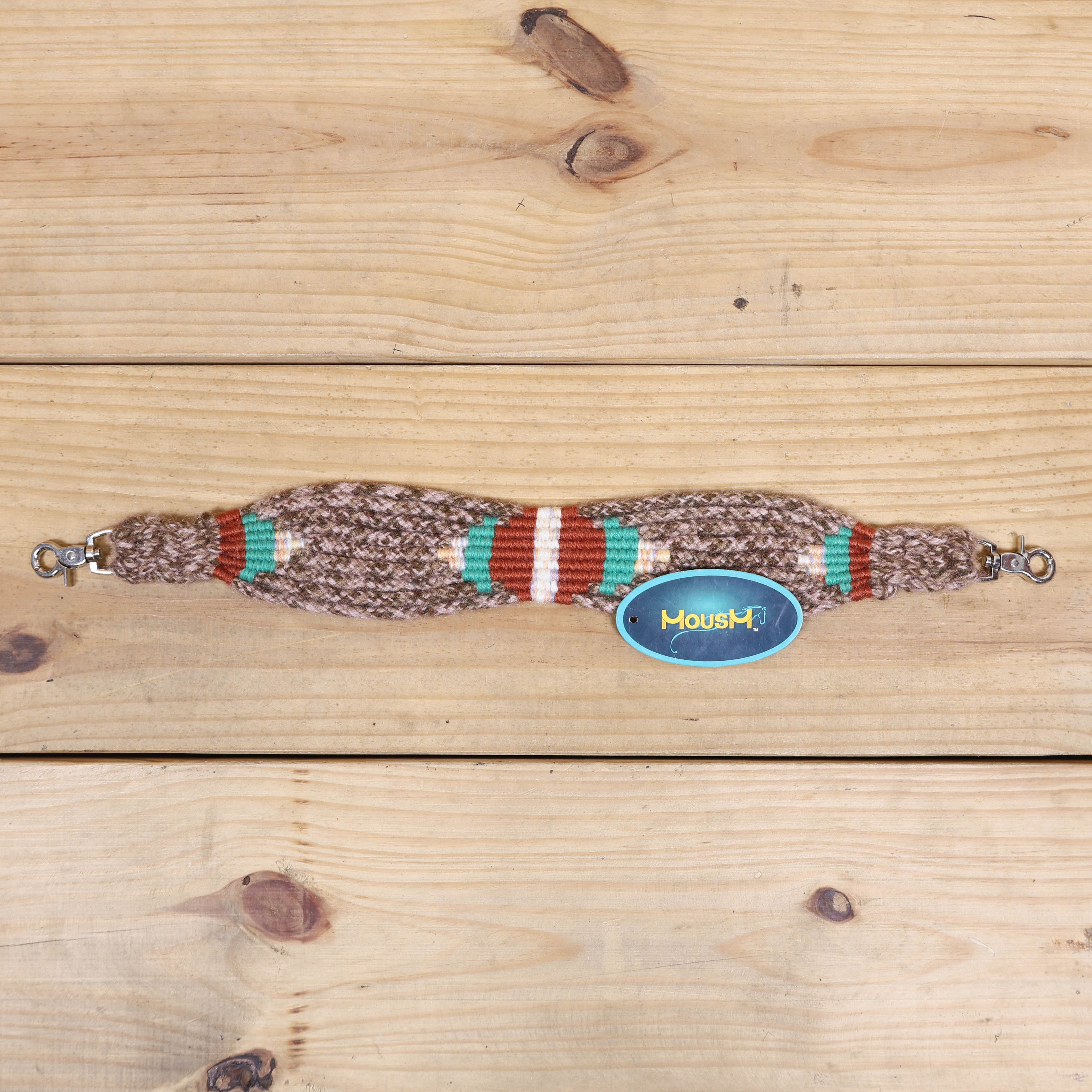 Beige, Turquoise & Reddish Brown Mohair Western Headstall Tack Set with 32” Front Girth – Complete Set with Breast Collar, Bronc Halter & Wither Strap – Antique Copper Hardware – Handcrafted