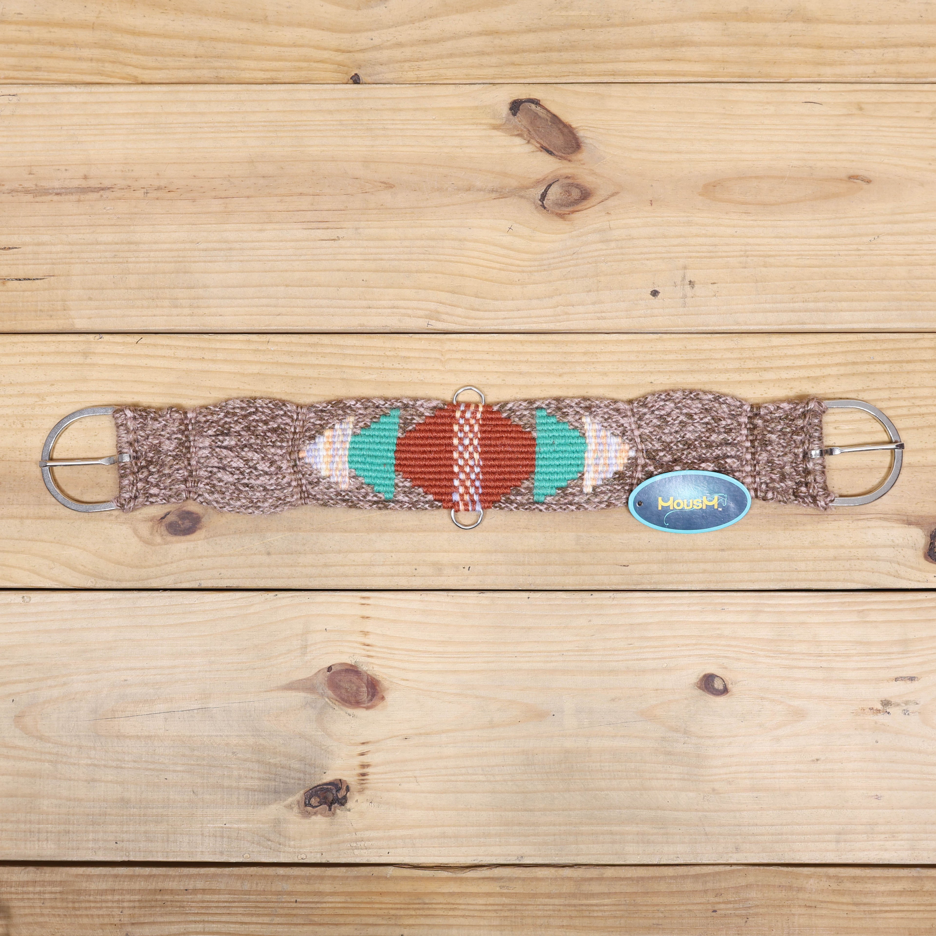 Beige, Turquoise & Reddish Brown Mohair Western Headstall Tack Set with 32” Front Girth – Complete Set with Breast Collar, Bronc Halter & Wither Strap – Antique Copper Hardware – Handcrafted
