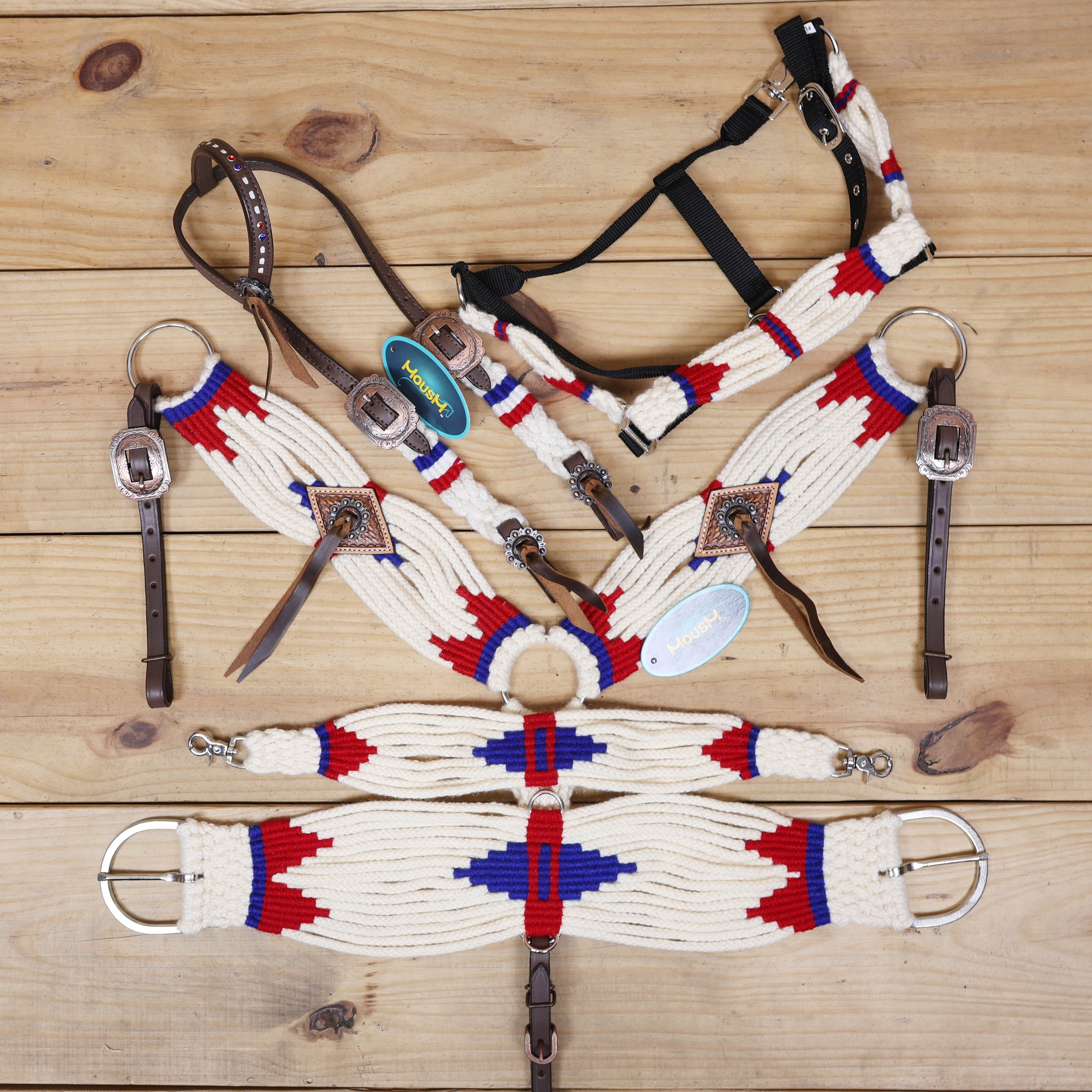 Red, Royal Blue & White Mohair Western Headstall Tack Set with 32” Front Girth – Complete 5-Piece Set with Breast Collar, Bronc Halter & Wither Strap – Antique Copper Hardware – Handcrafted