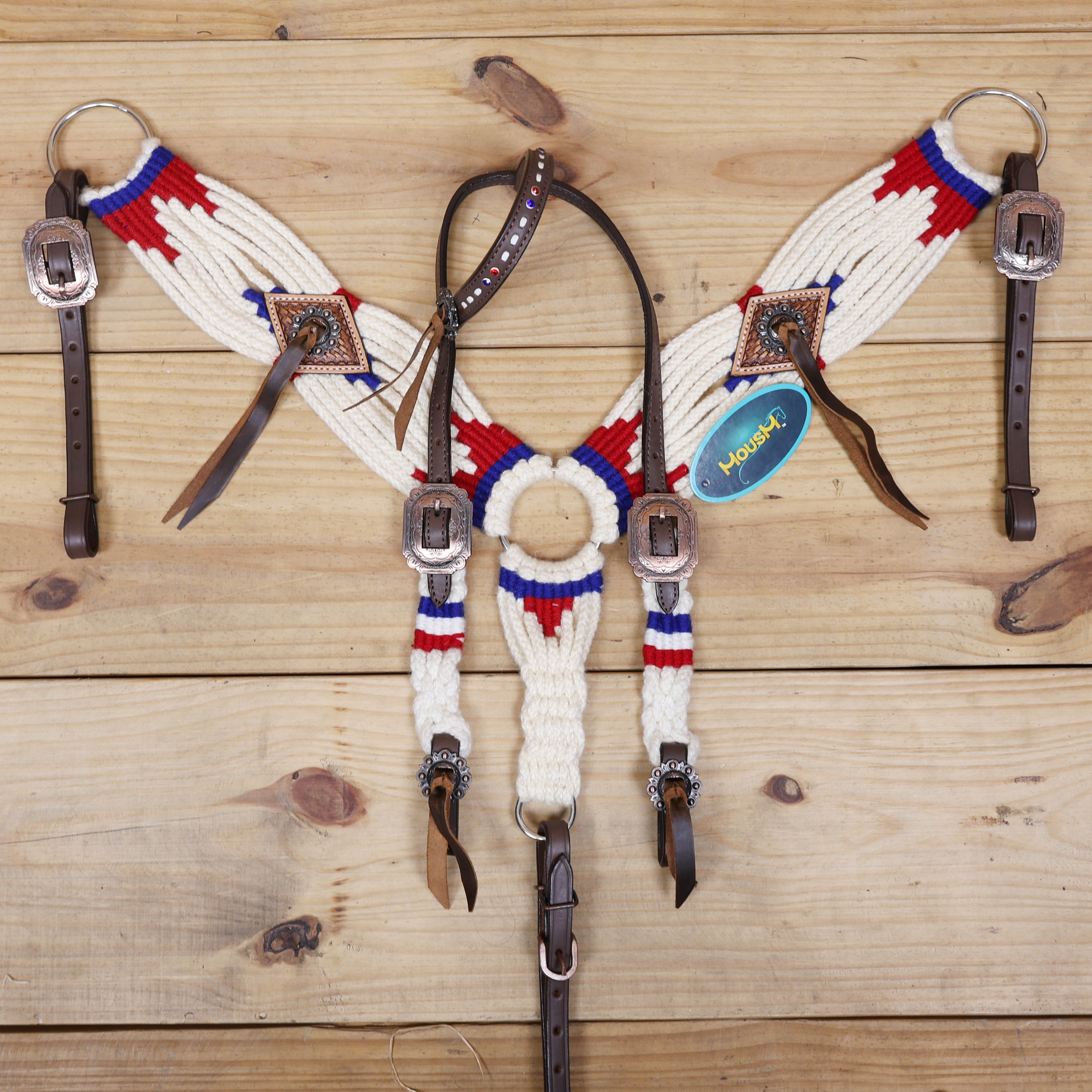 Red, Royal Blue & White Mohair Western Headstall Tack Set with 32” Front Girth – Complete 5-Piece Set with Breast Collar, Bronc Halter & Wither Strap – Antique Copper Hardware – Handcrafted