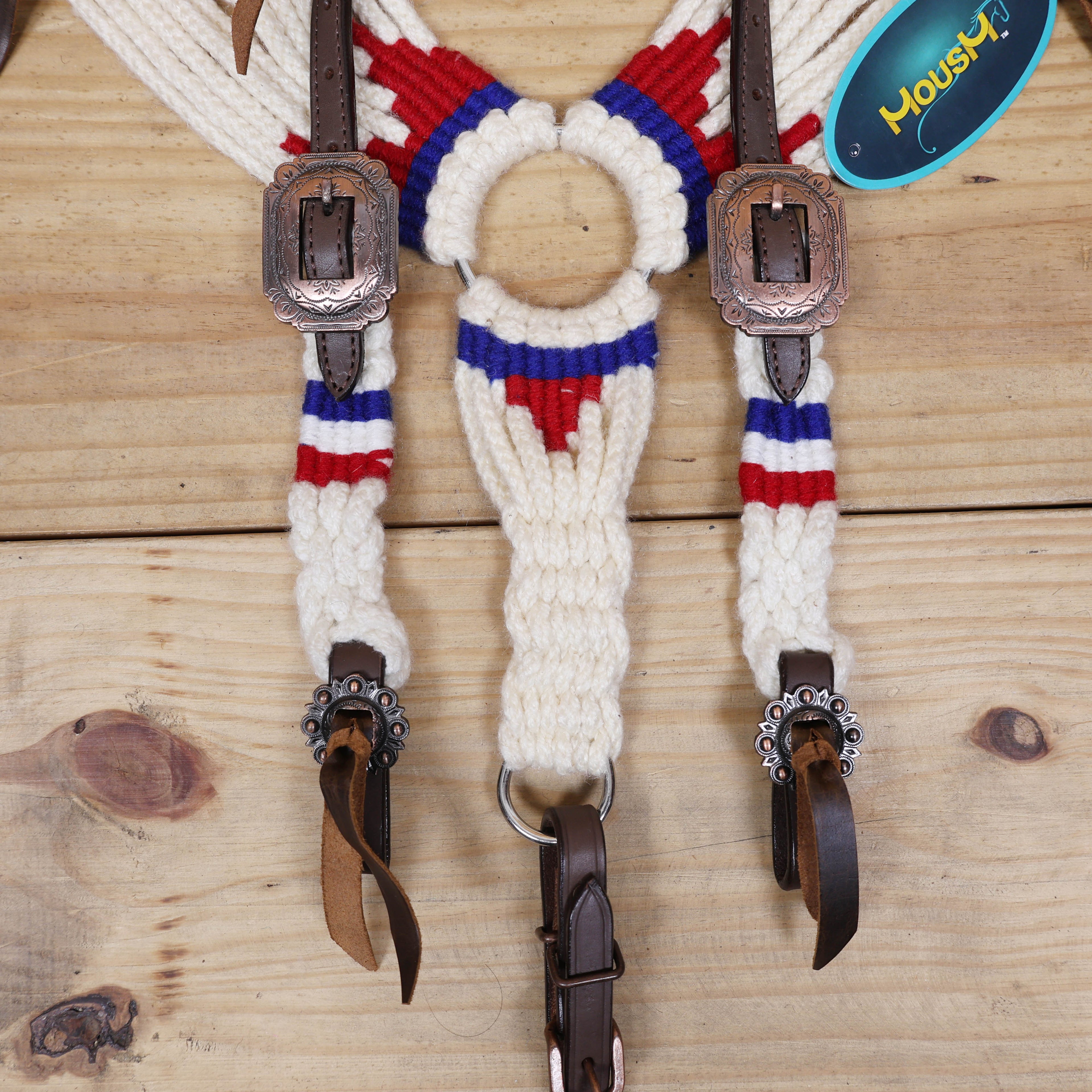 Red, Royal Blue & White Mohair Western Headstall Tack Set with 32” Front Girth – Complete 5-Piece Set with Breast Collar, Bronc Halter & Wither Strap – Antique Copper Hardware – Handcrafted