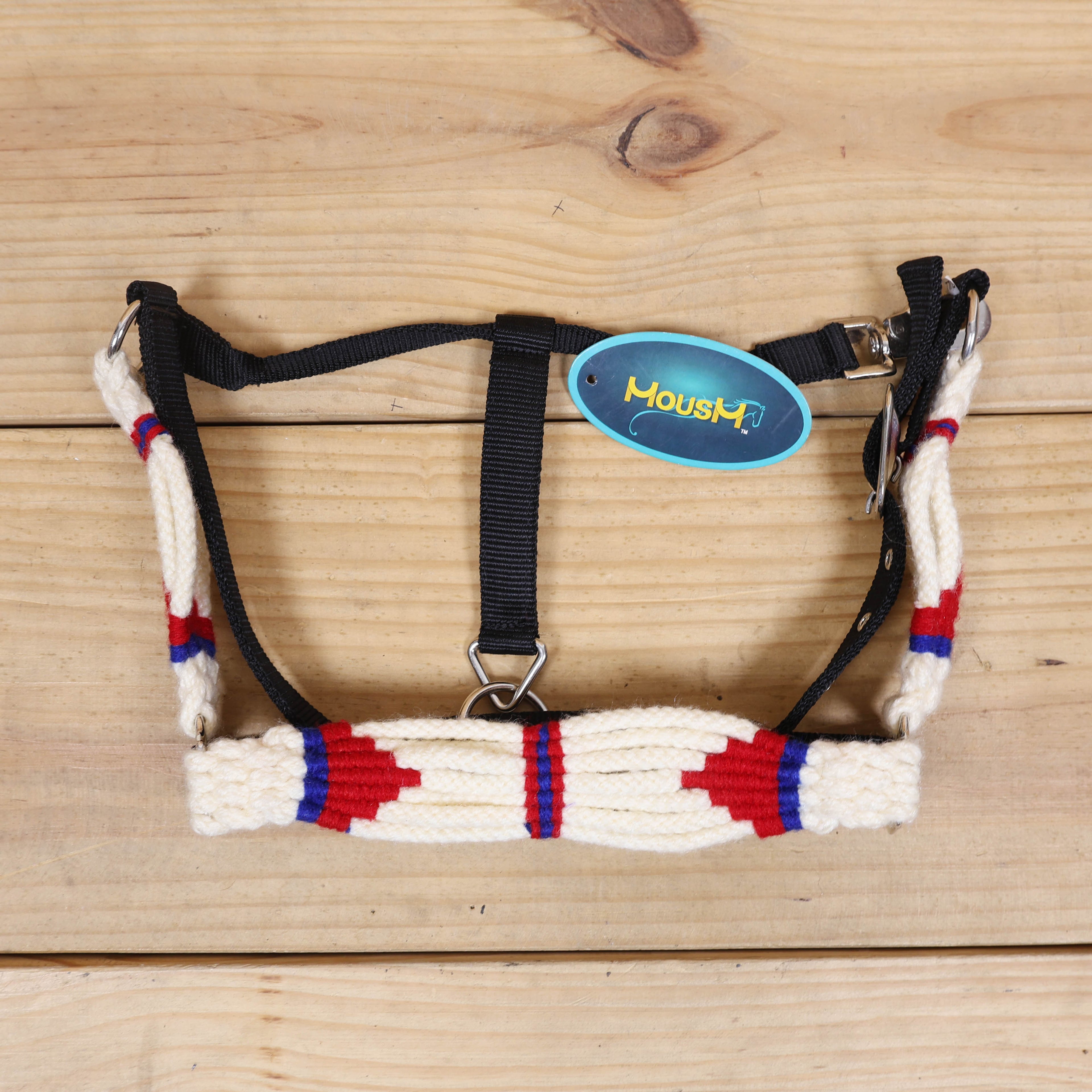 Red, Royal Blue & White Mohair Western Headstall Tack Set with 32” Front Girth – Complete 5-Piece Set with Breast Collar, Bronc Halter & Wither Strap – Antique Copper Hardware – Handcrafted