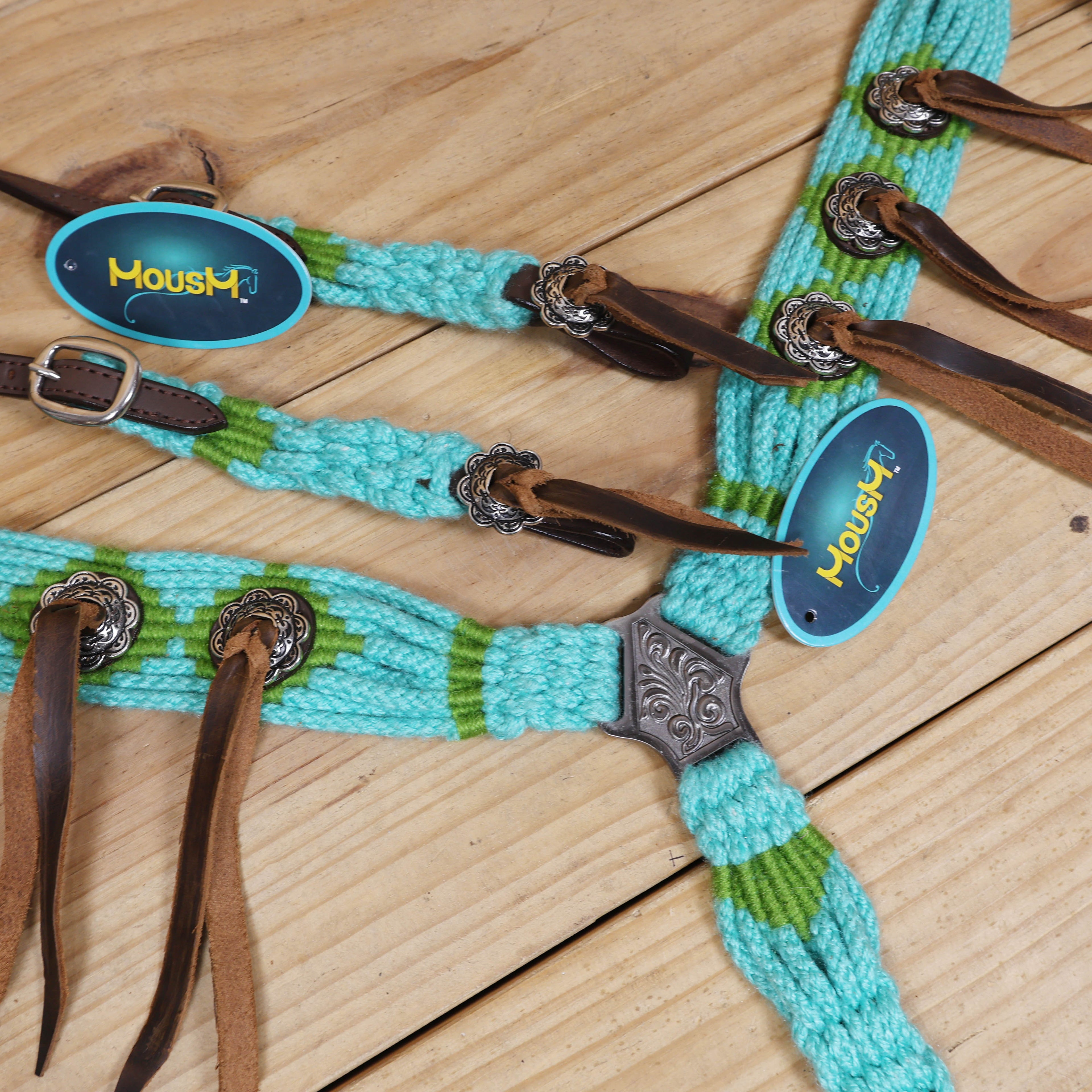 Turquoise and Green Mohair Western Headstall Tack Set with 32” Front Girth – Complete 5-Piece Set on Argentine Leather – Antique Copper Hardware – Handcrafted