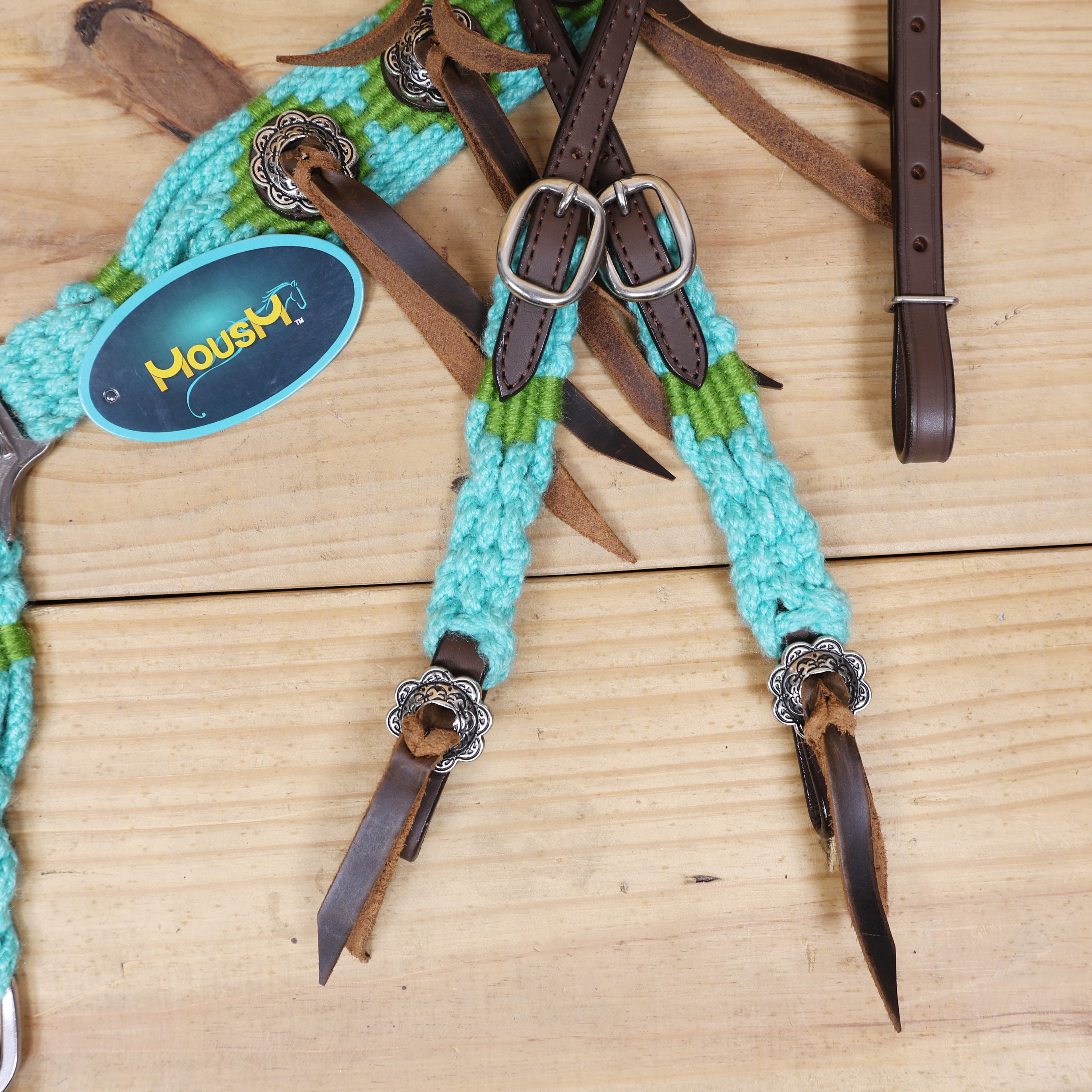 Turquoise and Green Mohair Western Headstall Tack Set with 32” Front Girth – Complete 5-Piece Set on Argentine Leather – Antique Copper Hardware – Handcrafted