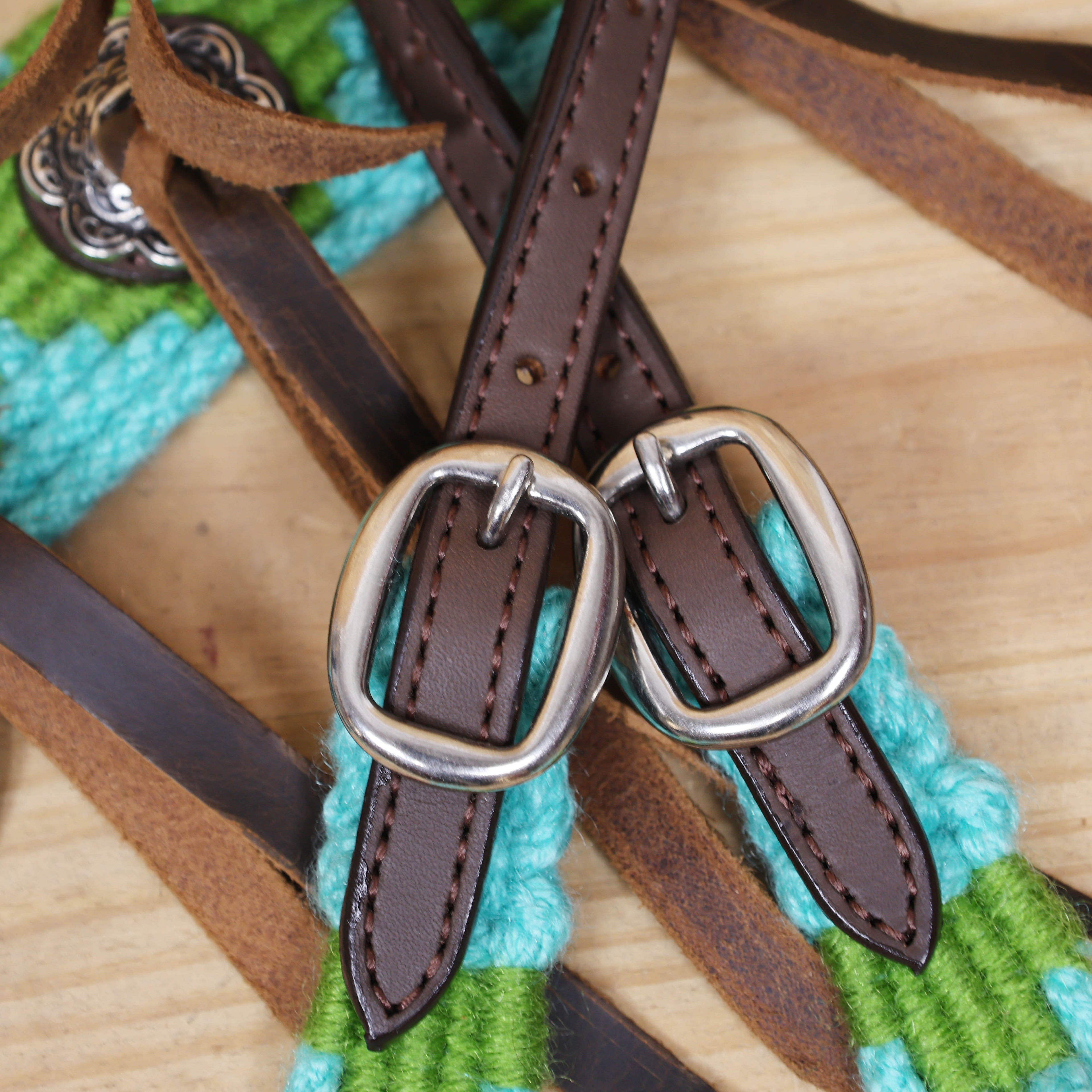 Turquoise and Green Mohair Western Headstall Tack Set with 32” Front Girth – Complete 5-Piece Set on Argentine Leather – Antique Copper Hardware – Handcrafted