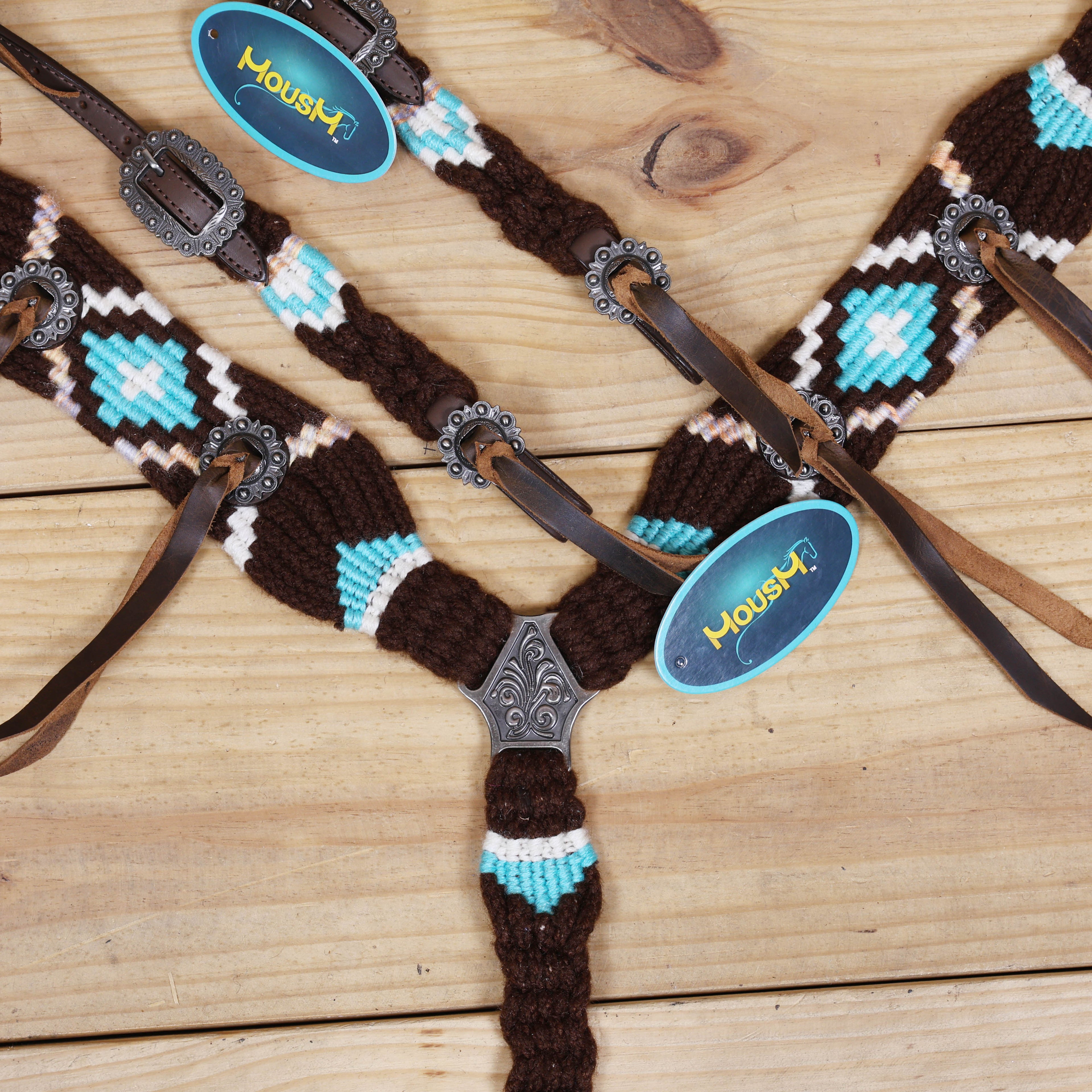 Black and Sky Blue Mohair Western Headstall Tack Set with 32” Front Girth – String Conchos – Complete 5-Piece Set on Argentine Leather – Antique Copper Hardware – Handcrafted
