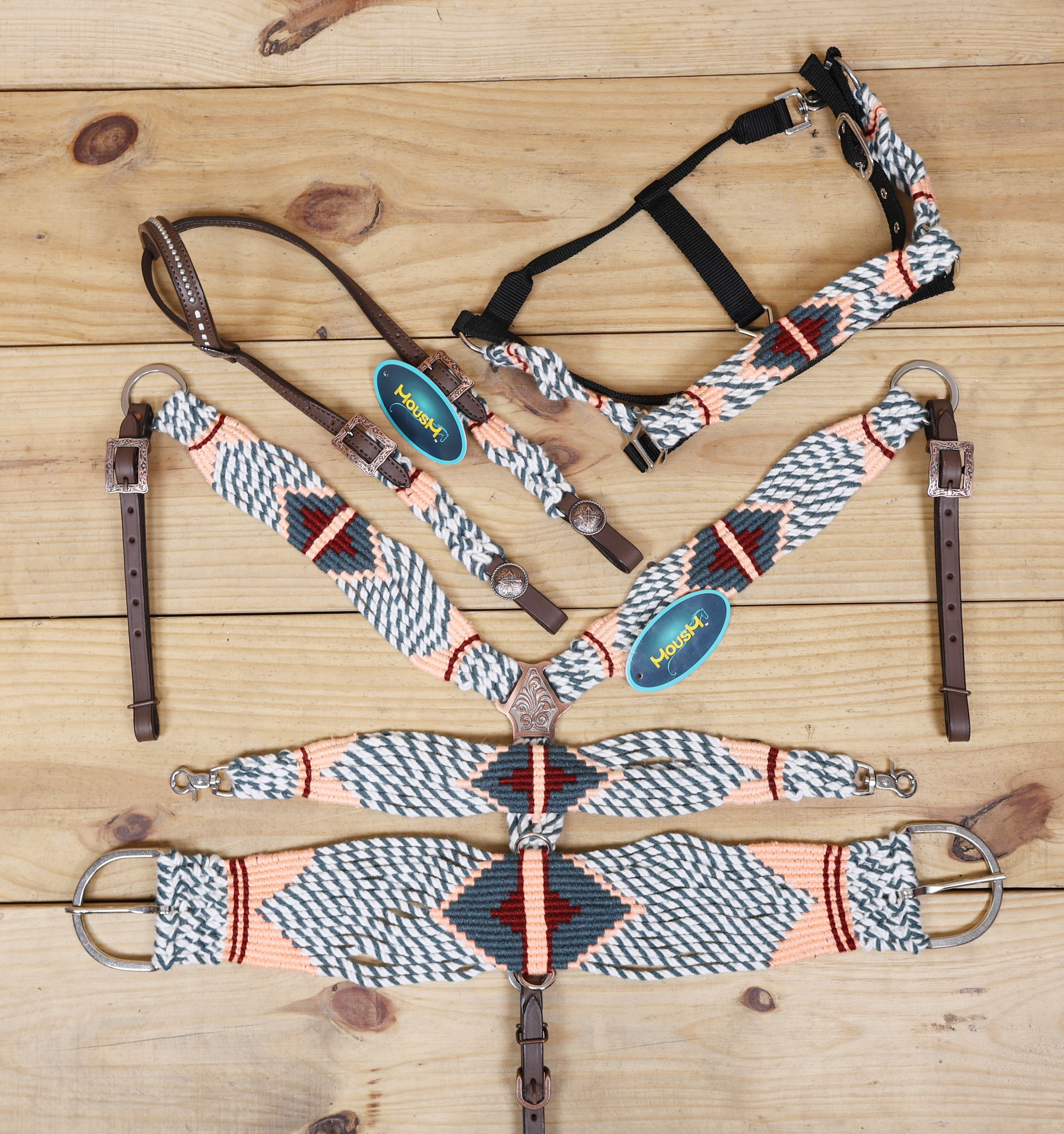 Grey, White & Cream Mohair Western Headstall Tack Set with 32” Front Girth – Complete 5-Piece Set on Argentina Leather – Antique Copper Hardware – Handcrafted