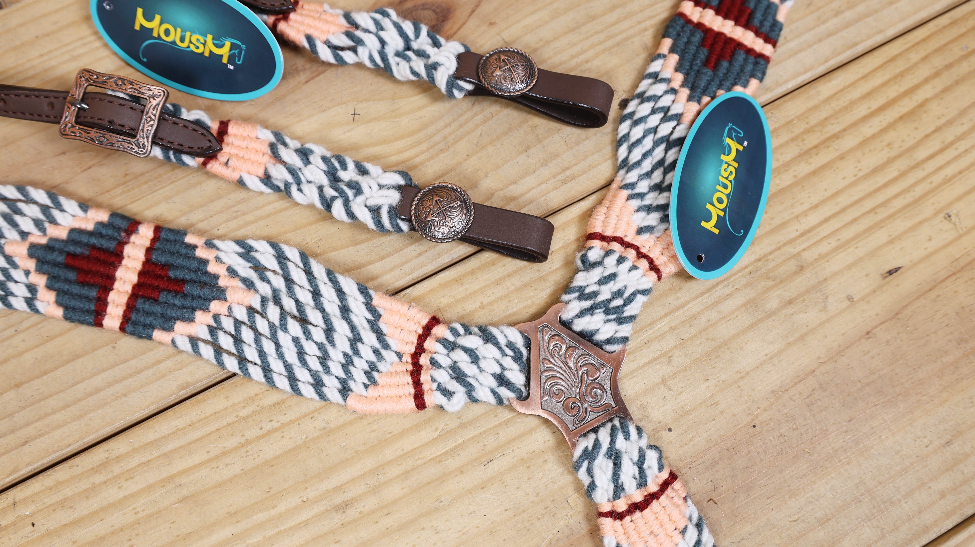 Grey, White & Cream Mohair Western Headstall Tack Set with 32” Front Girth – Complete 5-Piece Set on Argentina Leather – Antique Copper Hardware – Handcrafted