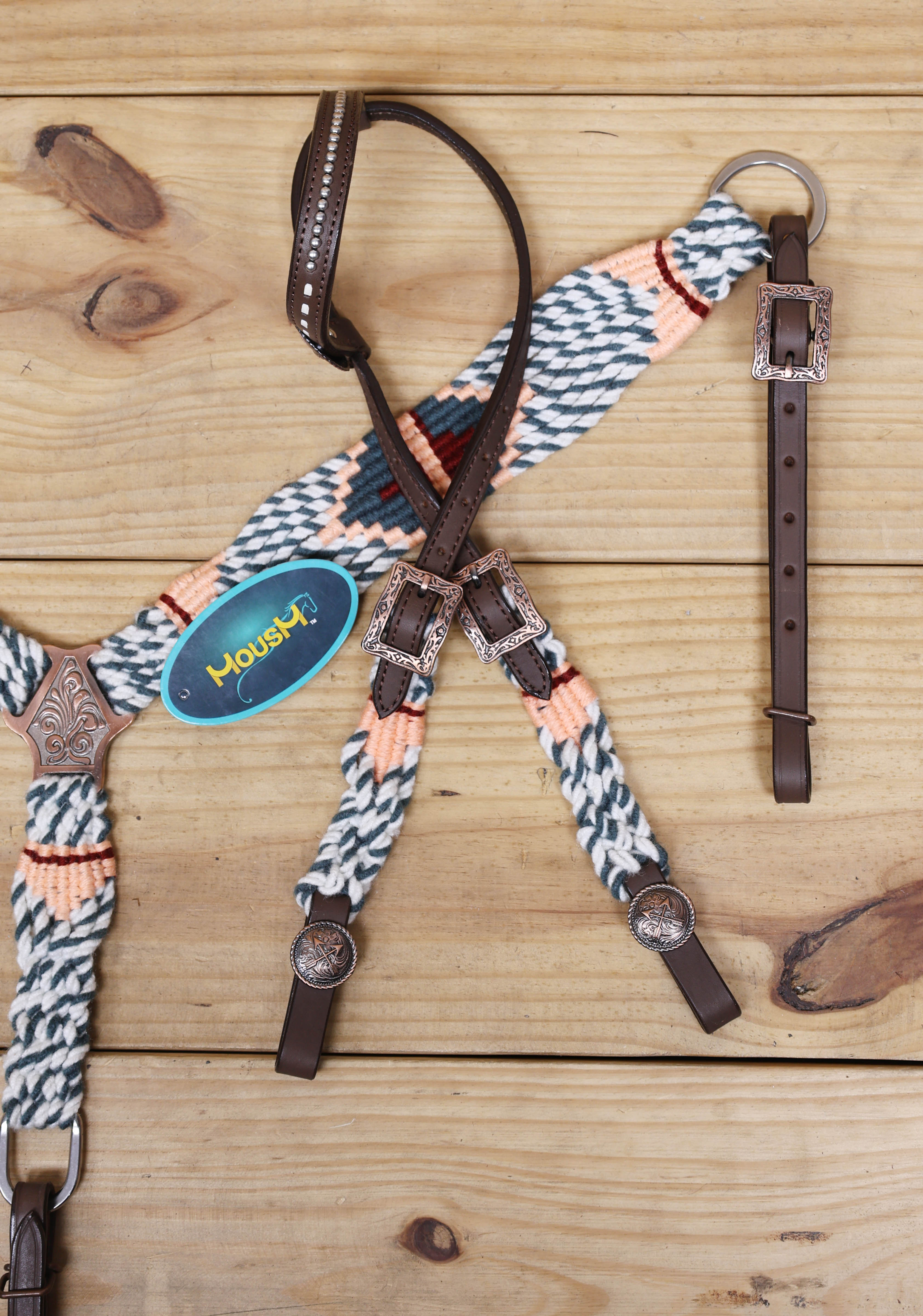 Grey, White & Cream Mohair Western Headstall Tack Set with 32” Front Girth – Complete 5-Piece Set on Argentina Leather – Antique Copper Hardware – Handcrafted